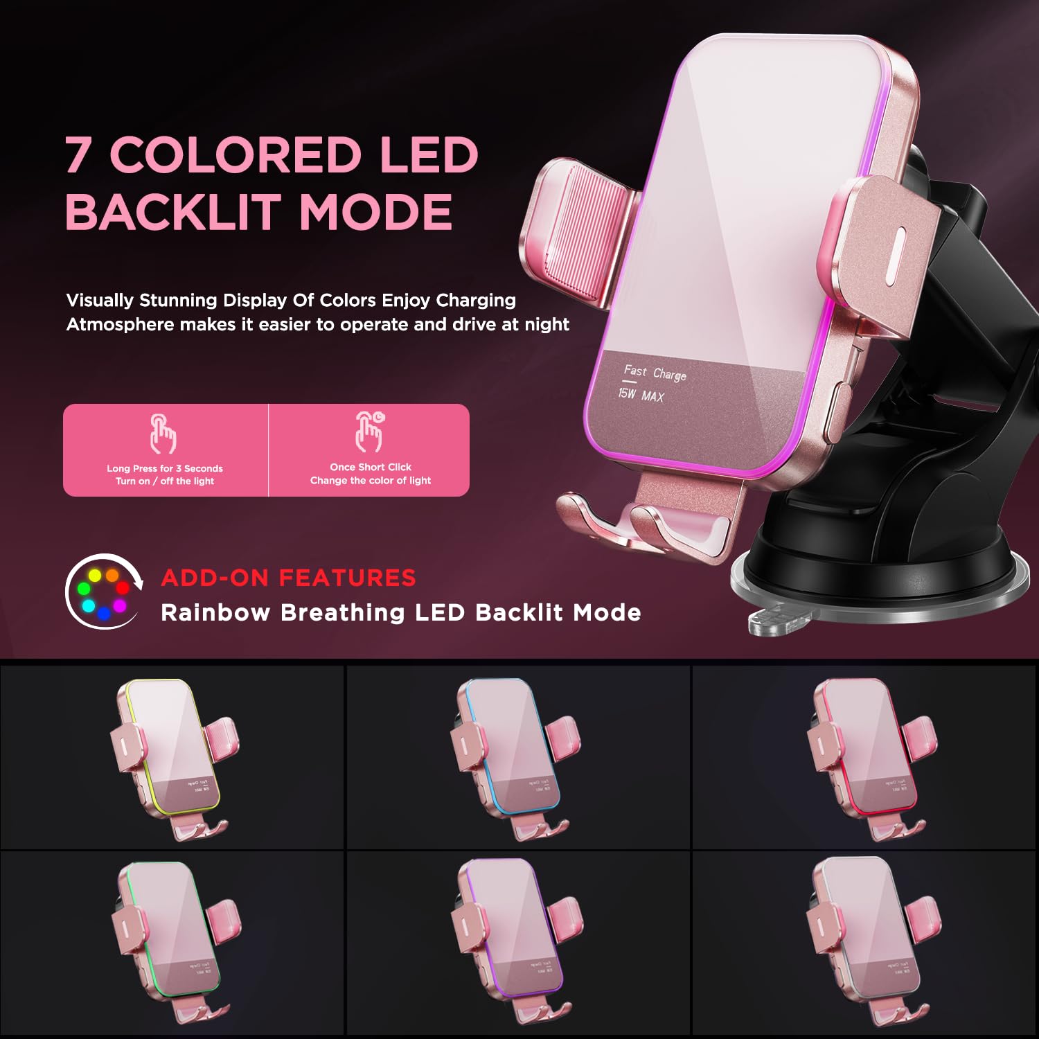 15W Fast Wireless Car Charger with Auto Clamping & 7-Color LED Backlight - Compatible with iPhone 14/13/12/11/X, Samsung Galaxy S23/S22/S21/S10/Note 20 - Pink | Perfect for Hands-Free Charging While Driving & Navigation