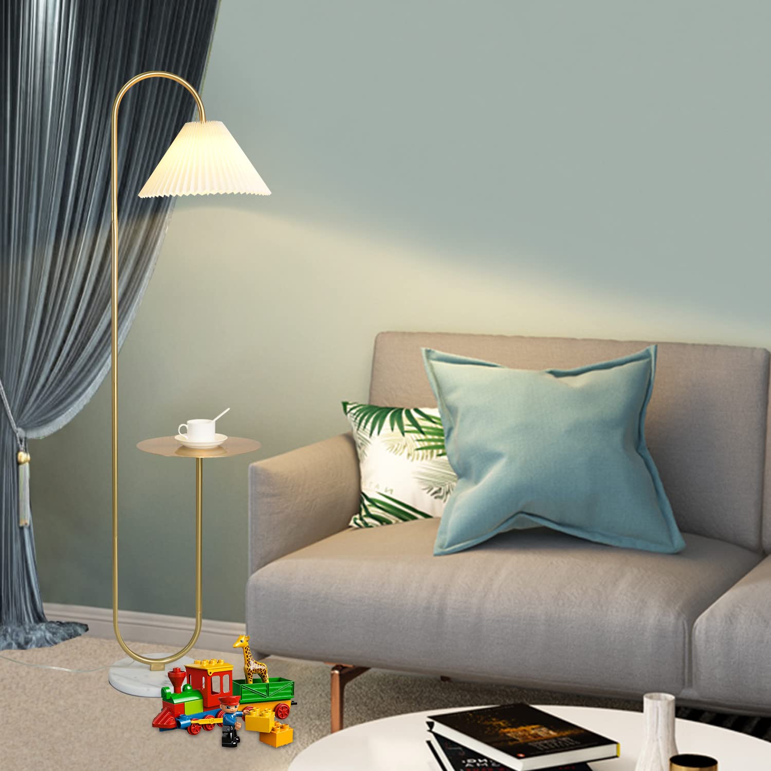 Beaysyty Modern Elegant Floor Lamp with Tray - Brass/Gold Finish & Light Yellow Pleated Lampshade for Office, Cafe, Living Room & Bedroom | Foot Switch Control | Perfect for Reading, Working & Relaxing