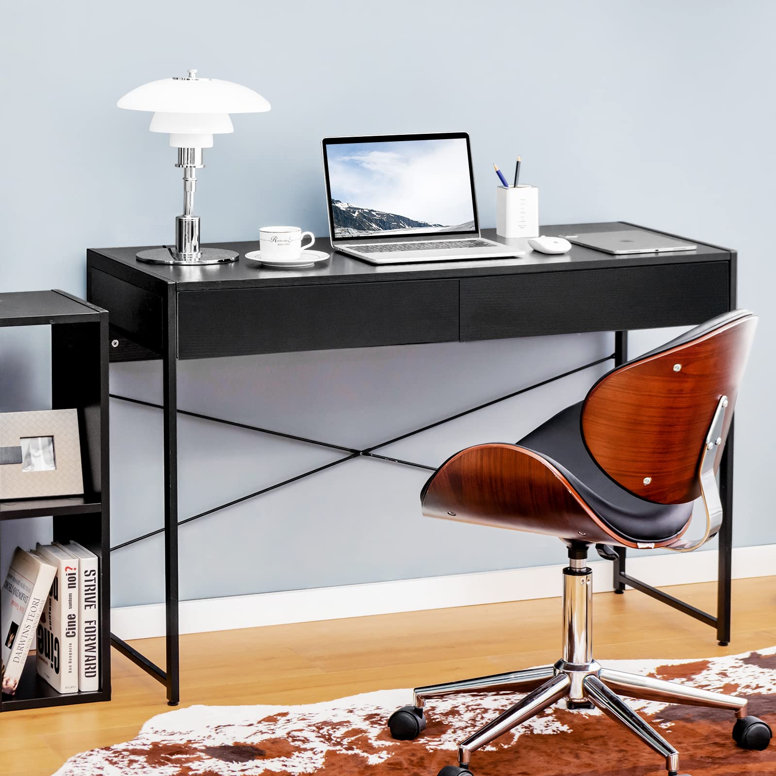 Tangkula 44-Inch Computer Desk with 2 Drawers - Sturdy Wooden Writing Desk with Steel Frame, Home Office Workstation for Laptop & PC - Perfect for Small Spaces, Bedroom, Study Room & Home Office (Black)