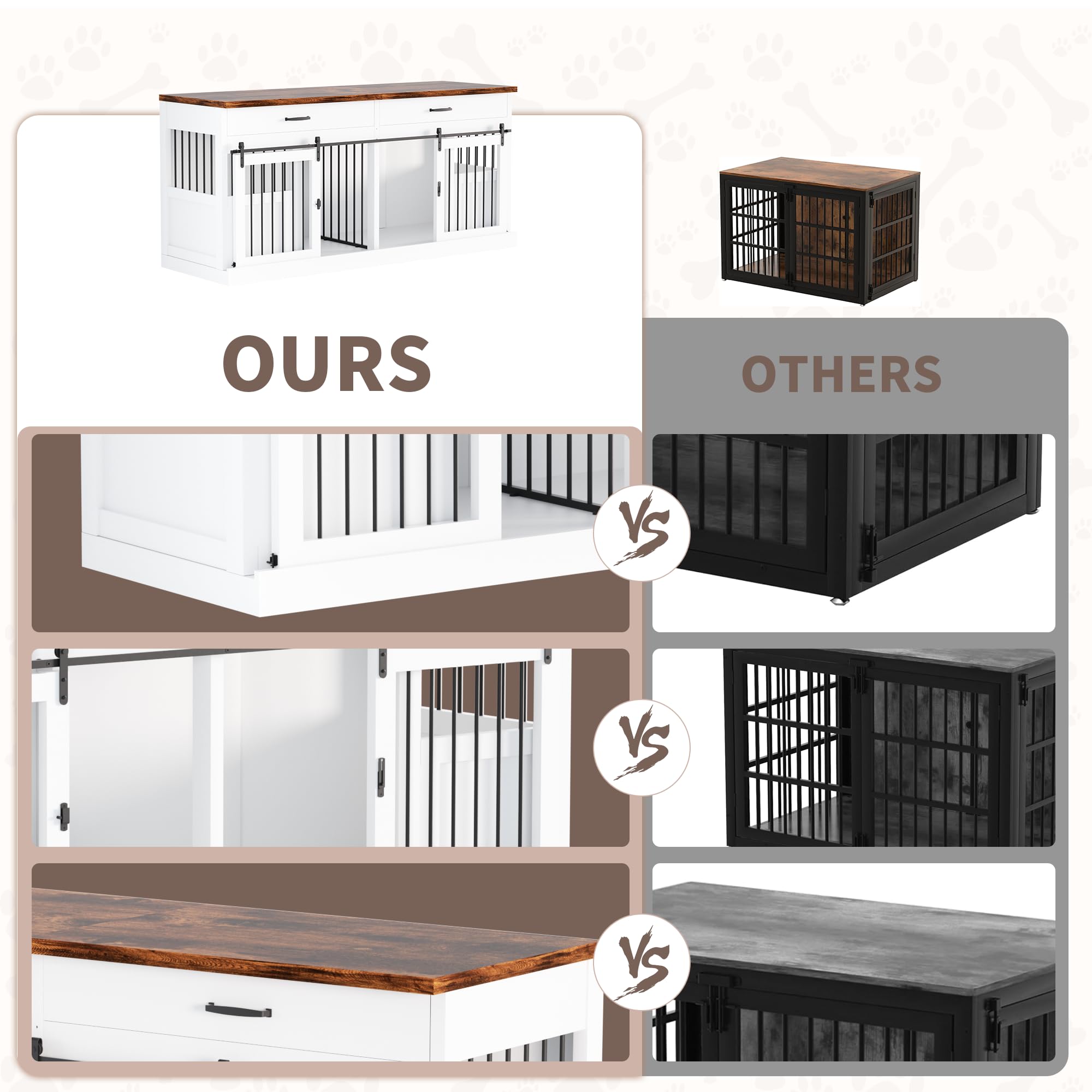71 Inch XXL Heavy Duty Dog Crate Furniture for 2 Dogs - Decorative Indoor Kennel with 2 Drawers, Removable Divider & Sliding Doors (White) - Perfect for Large Breed Homes & Pet-Friendly Living Rooms