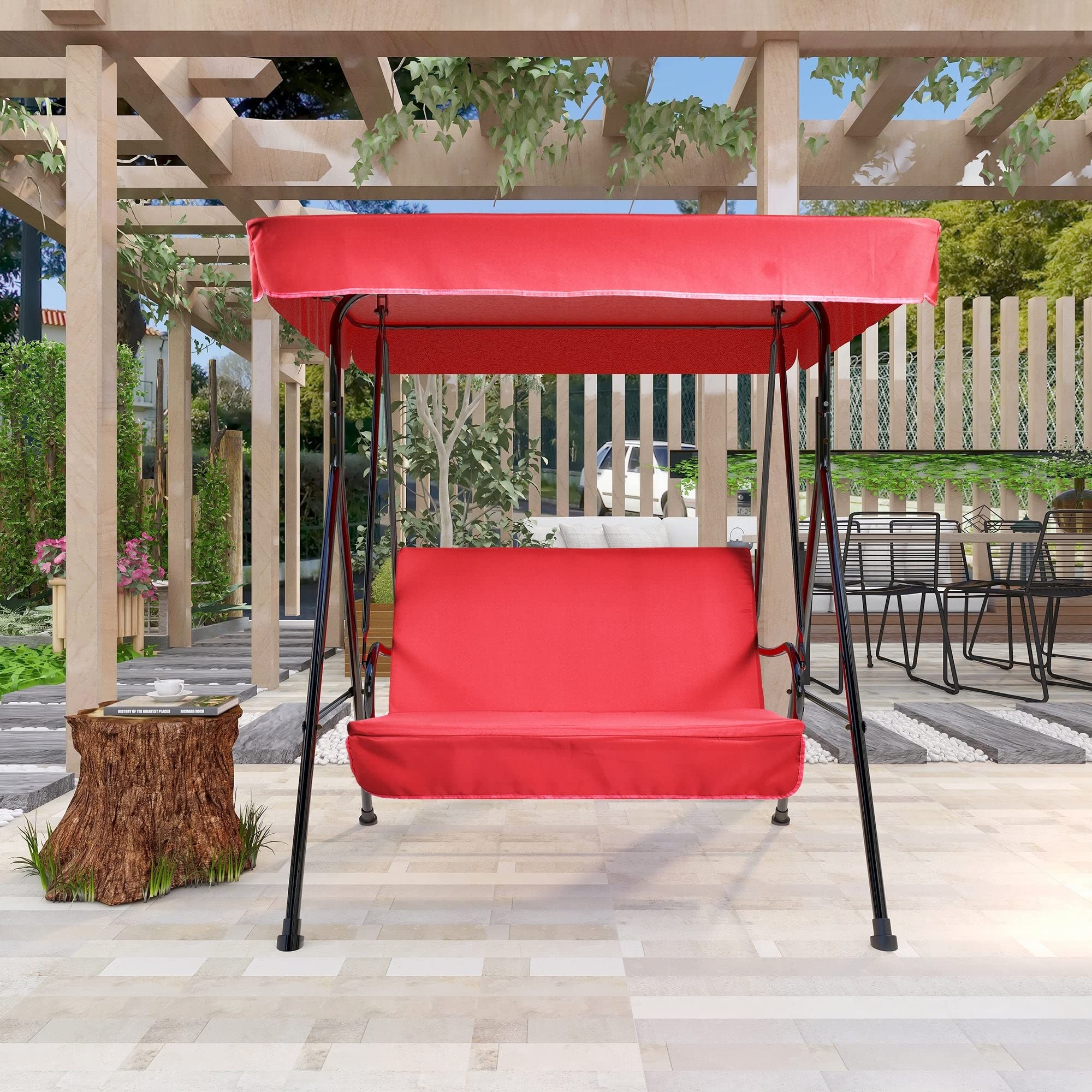 2-Seat Outdoor Patio Swing Chair with Removable Cushion & Adjustable Canopy - Red Metal Garden Swing for Porch, Backyard, Lawn - Perfect for Relaxing & Lounging