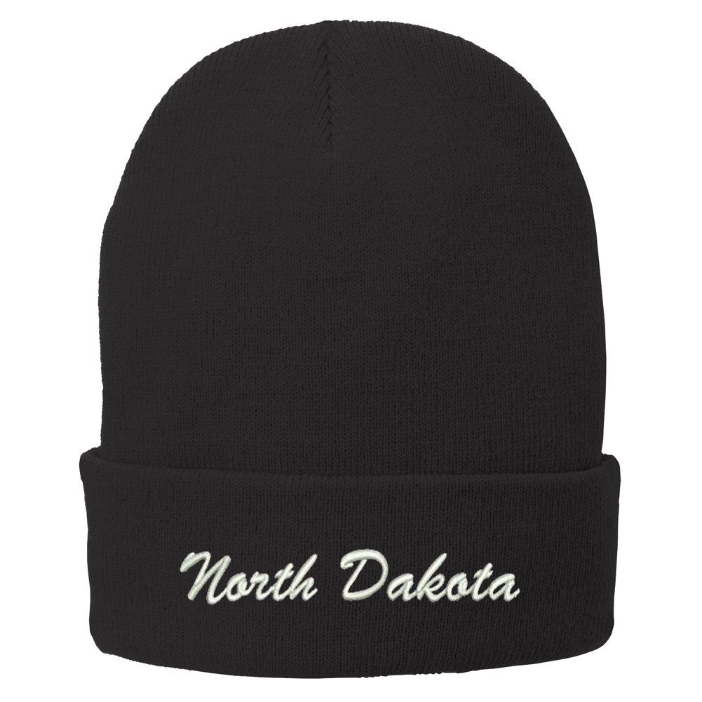 Trendy Embroidered Winter Beanie Hat for Men & Women - North Dakota Themed Folded Long Knit Cap for Cold Weather & Outdoor Activities