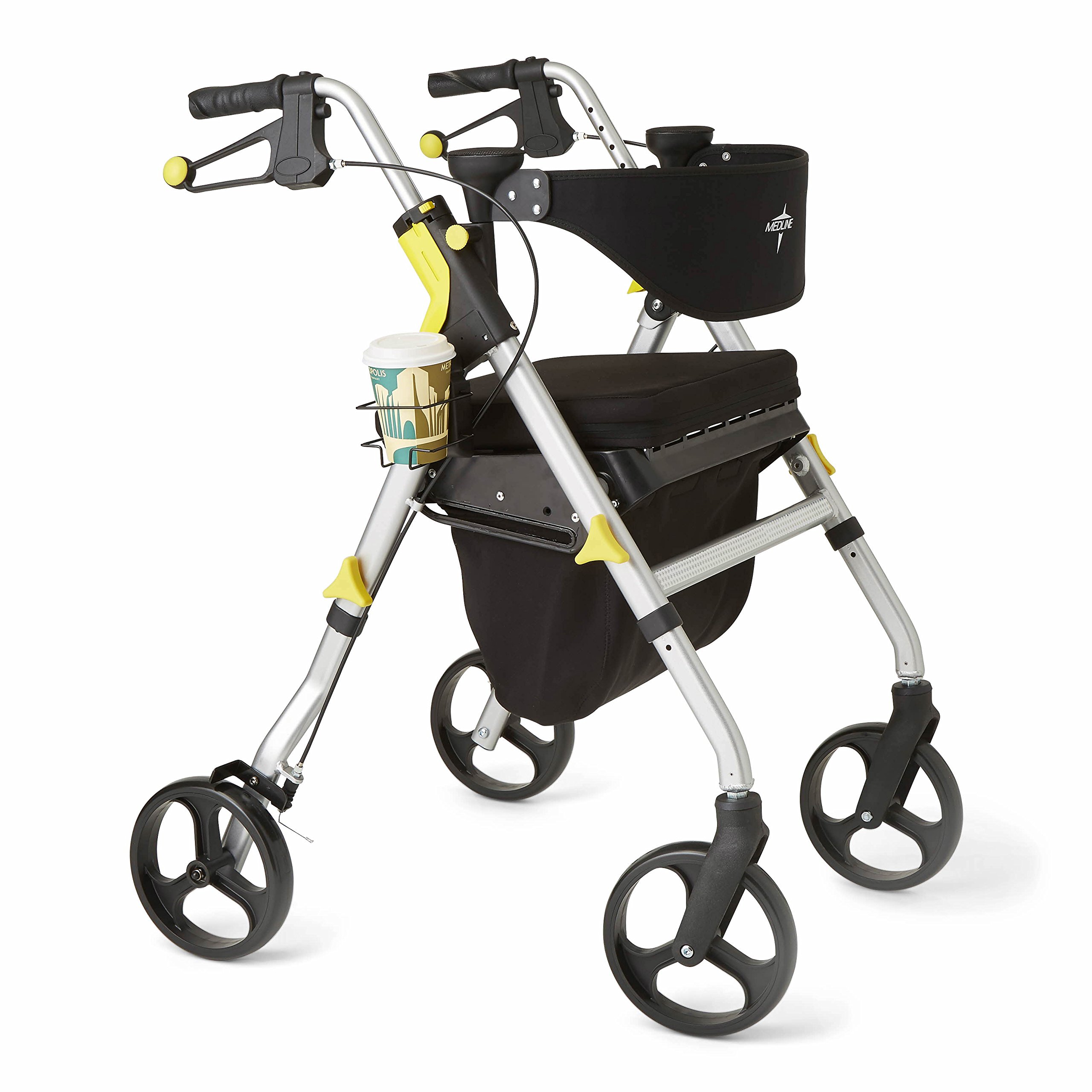Medline Premium Empower Rollator Walker with Seat - Foldable Mobility Aid with 8-Inch Wheels, Padded Backrest & Storage Bag (Silver) - Ideal for Seniors, Outdoor Walks & Post-Surgery Recovery