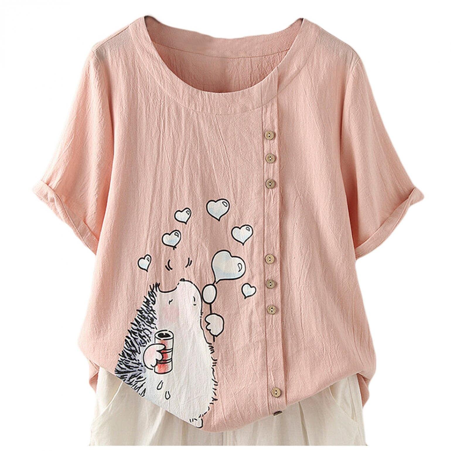 **Plus Size Women's Linen Tops - Cute Hedgehog Print Button-Down Tunic Shirts for Summer | Breathable & Comfortable Casual Beach Wear | Perfect for Outdoor Picnics, Travel, Vacations & Date Nights | Office Casual & Summer Party Outfits | Ideal for Relaxation, Shopping & Daily Wear | Great for Brunch, Farmers Markets & Lounging | Versatile for Work, Weekend & Holiday Outfits | Best for Beach Trips, Summer Festivals & Casual Gatherings**