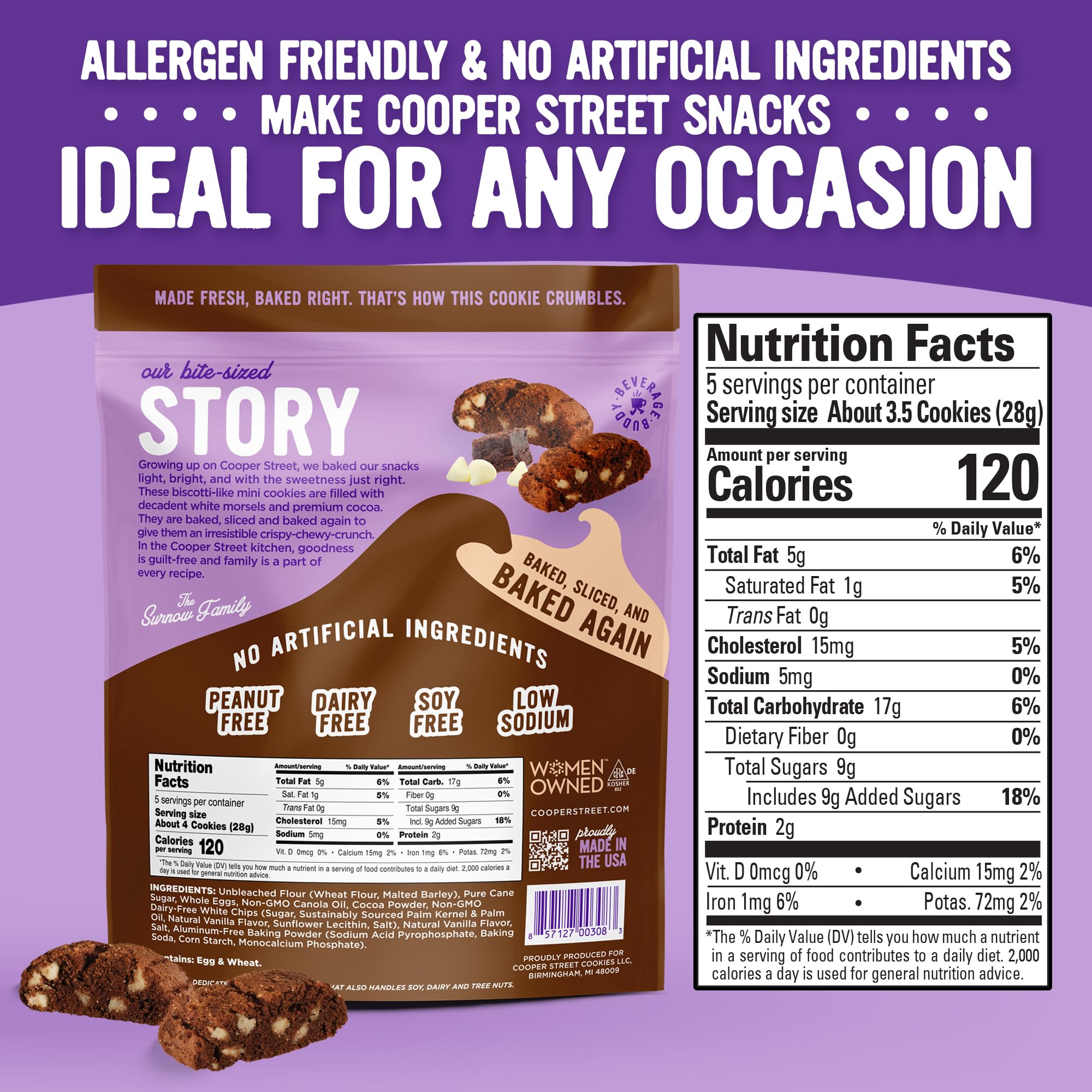 Cooper Street Twice Baked Brownie Chocolate Biscotti Cookies - Crunchy Italian Coffee Cookies | Low Calorie Kosher Snack for Adults & Kids | Dairy, Peanut & Soy Free (5oz) | Perfect with Coffee, Tea or as Dessert
