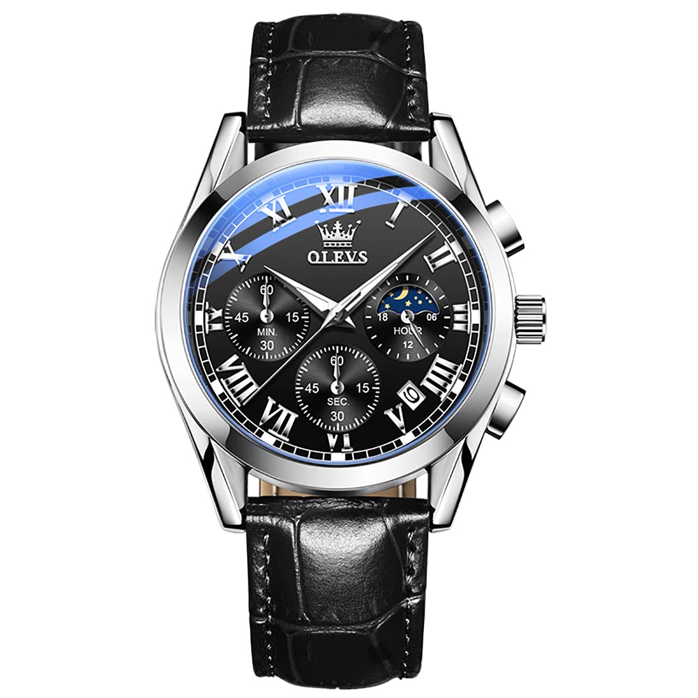 OLEVS Men's Stainless Steel Waterproof Analog Quartz Watch with Leather Strap - Multi-Function Chronograph, Date Display - Perfect for Business, Casual & Outdoor Activities