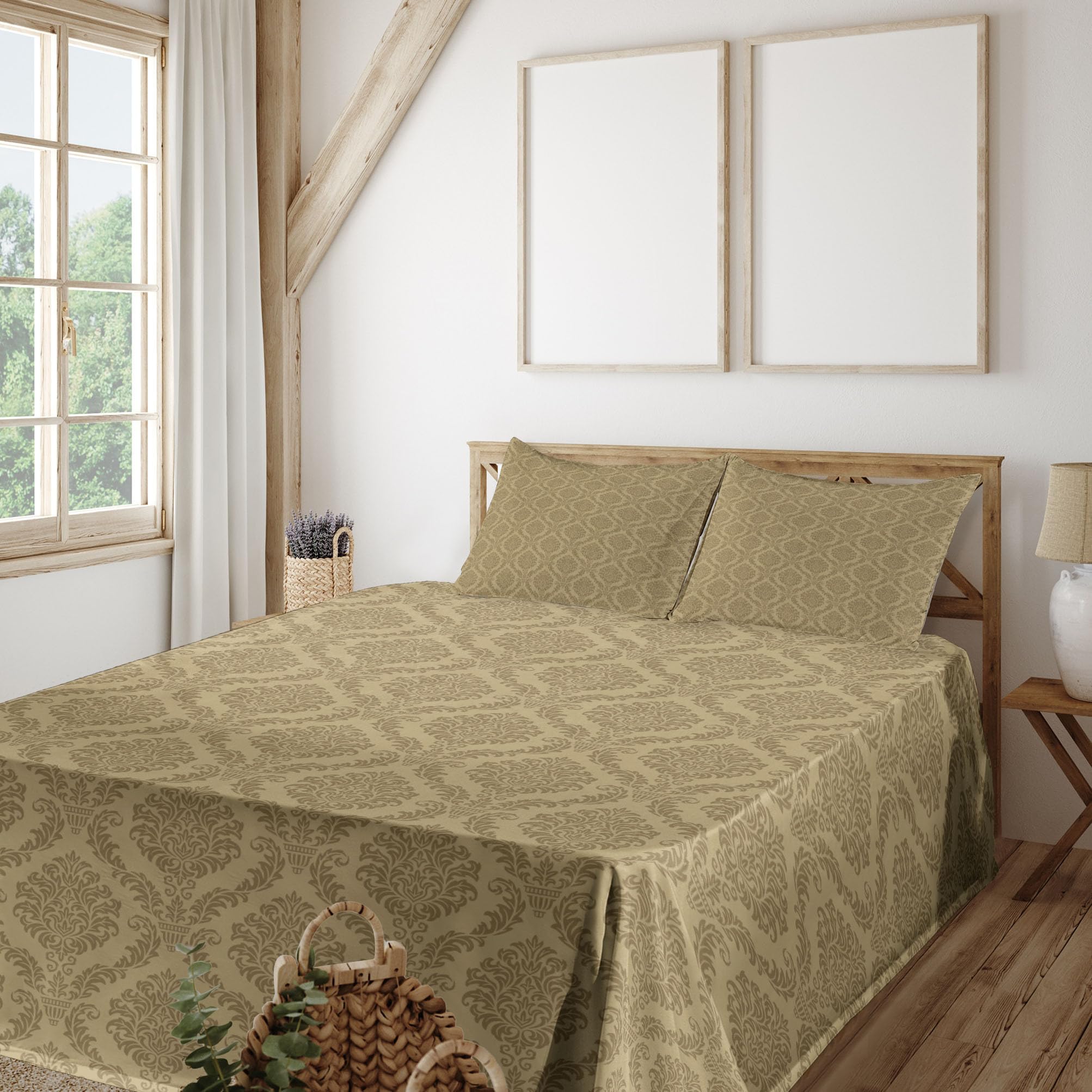 Ambesonne Damask King Sheet Set - 4 Piece Bedding with Floral Print, Soft Khaki & Symmetrical Design | Fitted & Flat Sheets + Pillowcases | Perfect for Master Bedroom, Guest Room & Luxury Hotel Decor