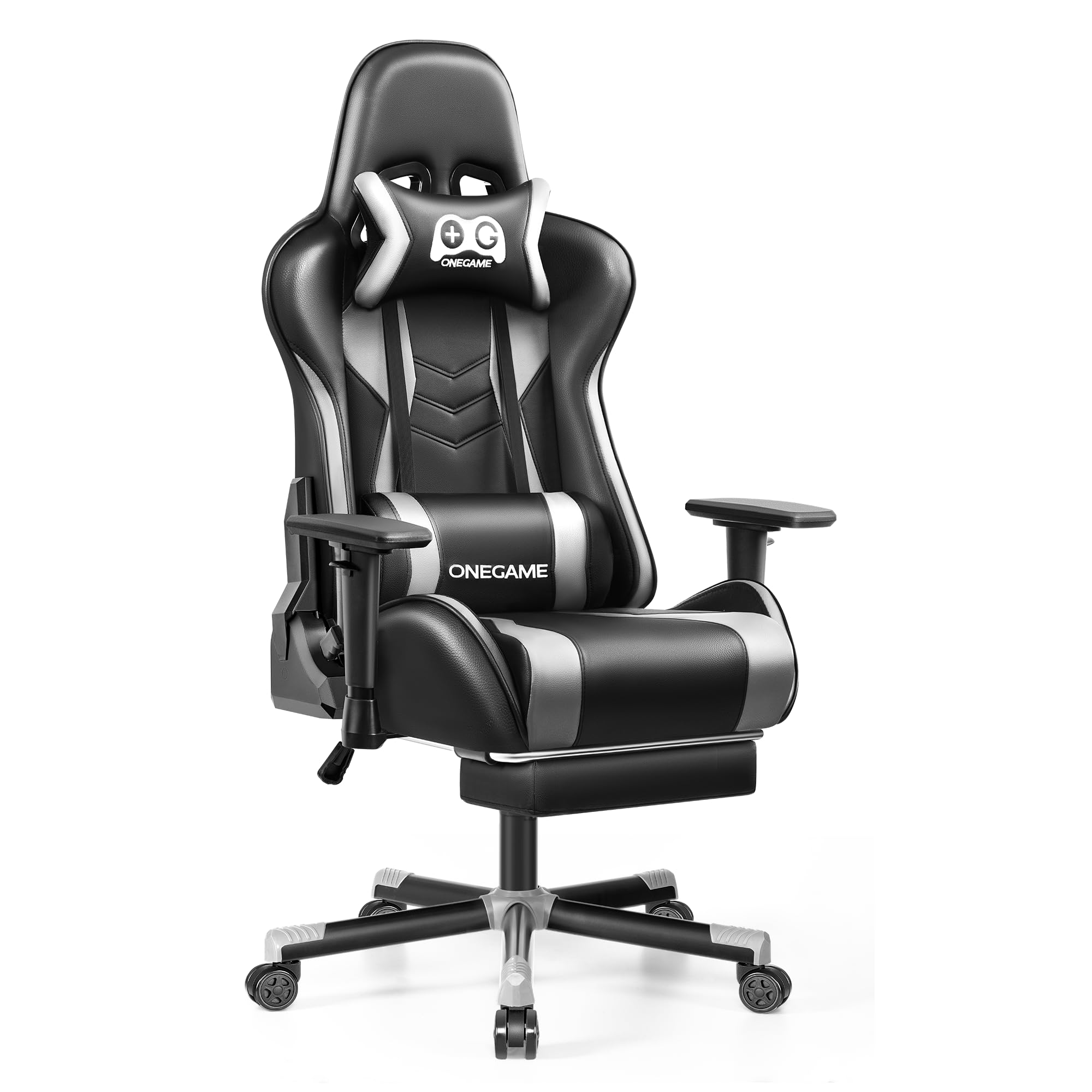 OneGame Ergonomic Gaming Chair for Adults - 3D Adjustable Armrests, Footrest & Lumbar Support - PU Leather Racing Style Computer Chair for Office & Video Games (Black/Gray) - Perfect for Esports, Streaming & Home Office Workspace