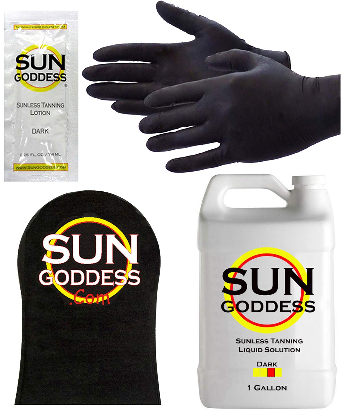 **SUN GODDESS Dark Spray Tan Solution - 1 Gallon Sunless Self-Tanning Liquid for Airbrush & HVLP Systems - Includes Applicator Mitt, Gloves & Fake Tanner Mousse Sample - Perfect for Salon, Home Use & Spray Tanning Business**