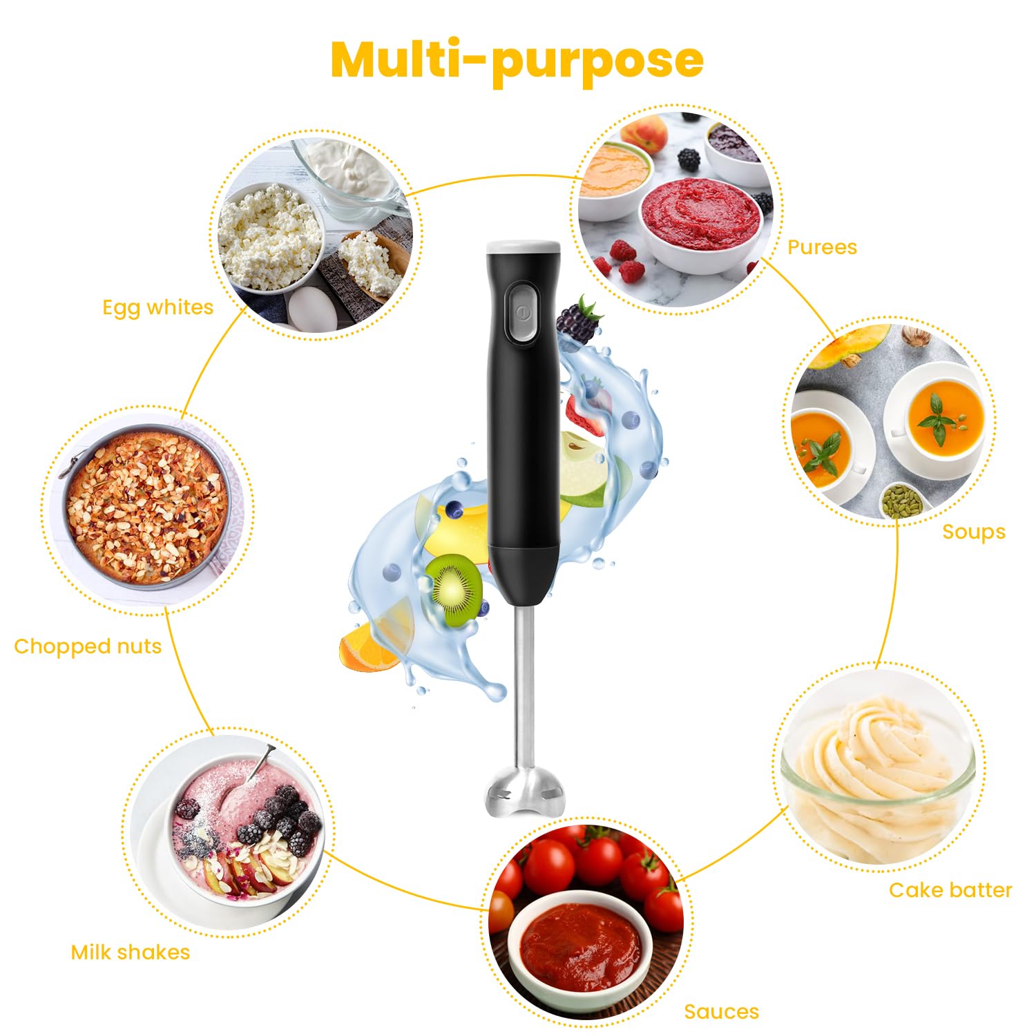 **Rechargeable Cordless Immersion Blender with Turbo Mode – 2-in-1 Hand Mixer with Egg Whisk & Chopper – Heavy Duty Portable Handheld Blender for Smoothies, Soups, Sauces, and Baking**