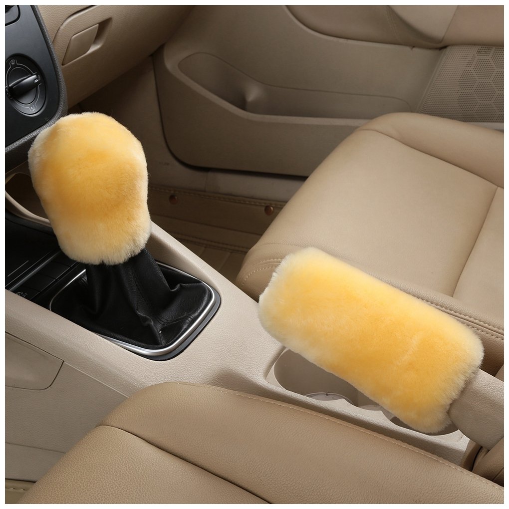 Dotesy Genuine Sheepskin Steering Wheel Cover Set - 3 Piece Auto Accessories (15 Inch, Beige) | Premium Australian Wool Car Steering Wheel Protector with Gear Shift & Handbrake Cover | Universal Fit for Most Vehicles | Perfect for Winter Warmth & Luxury Driving Comfort