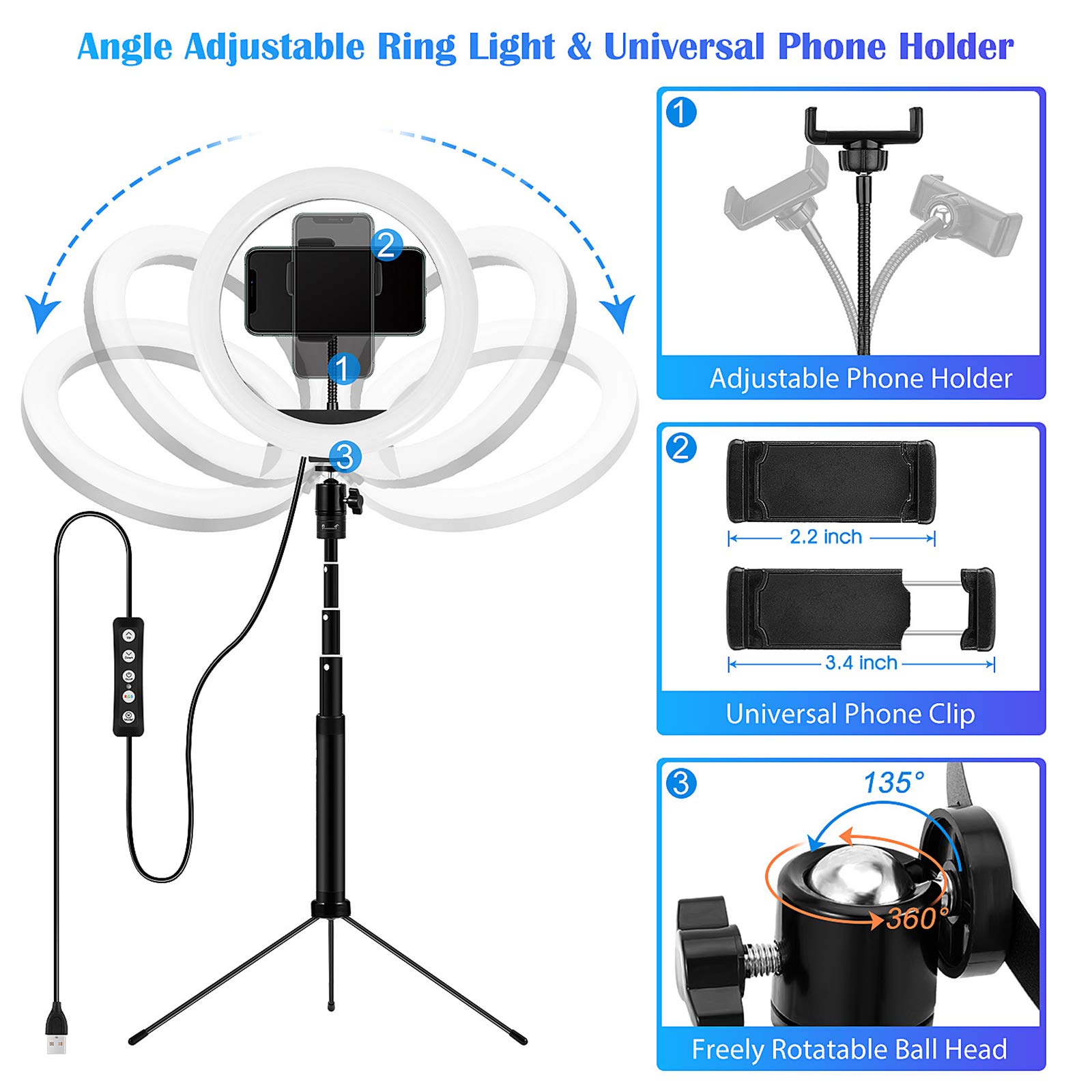 ZXCVASDF 10-inch Dimmable RGB Ring Light with Tripod Stand & Phone Holder - Perfect for Live Streaming, Makeup Videos, YouTube Content Creation - Compatible with iOS/Android Smartphones