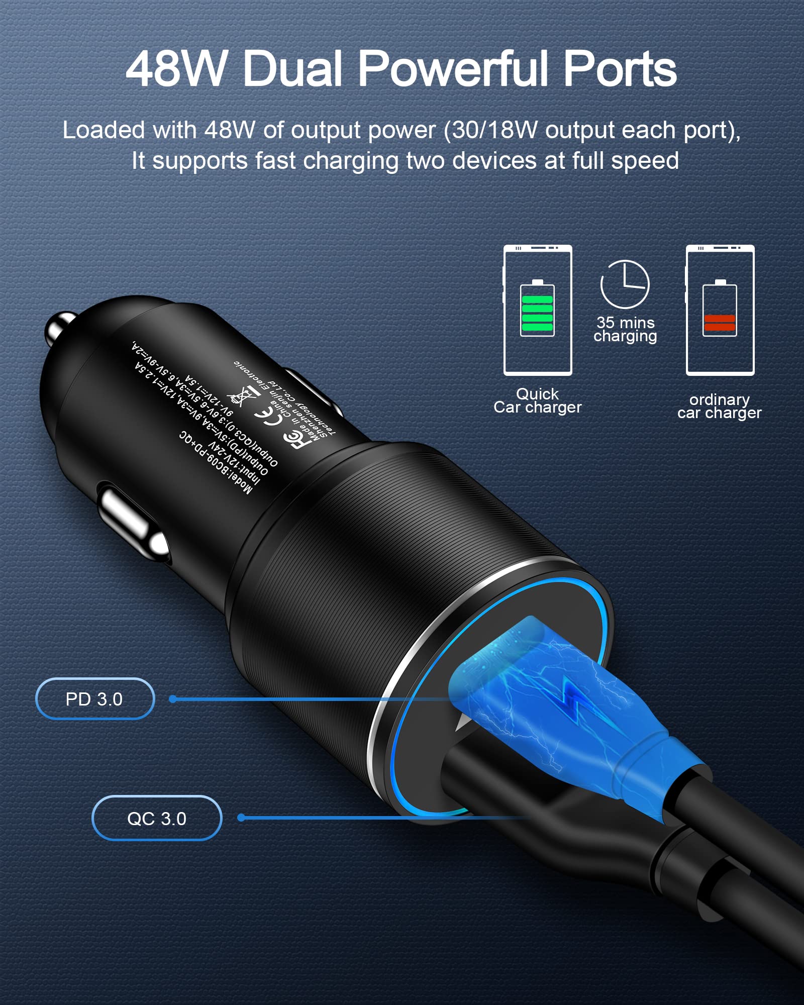 12V Dual Port USB C Car Charger - 30W & 18W Super Fast Charging Cigarette Lighter Adapter for iPhone, Samsung Galaxy, Google Pixel - Perfect for Road Trips & Long Drives