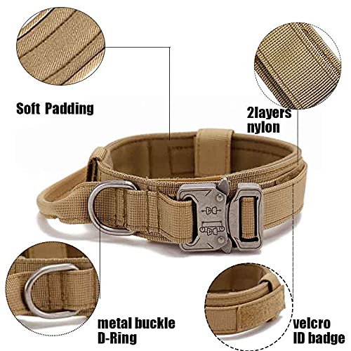 Tactical Dog Collar - Adjustable Military Nylon Collar with Control Handle & Heavy Metal Buckle for Medium & Large Dogs - Durable Training Collar for Walking, Hiking & Outdoor Adventures (Brown)