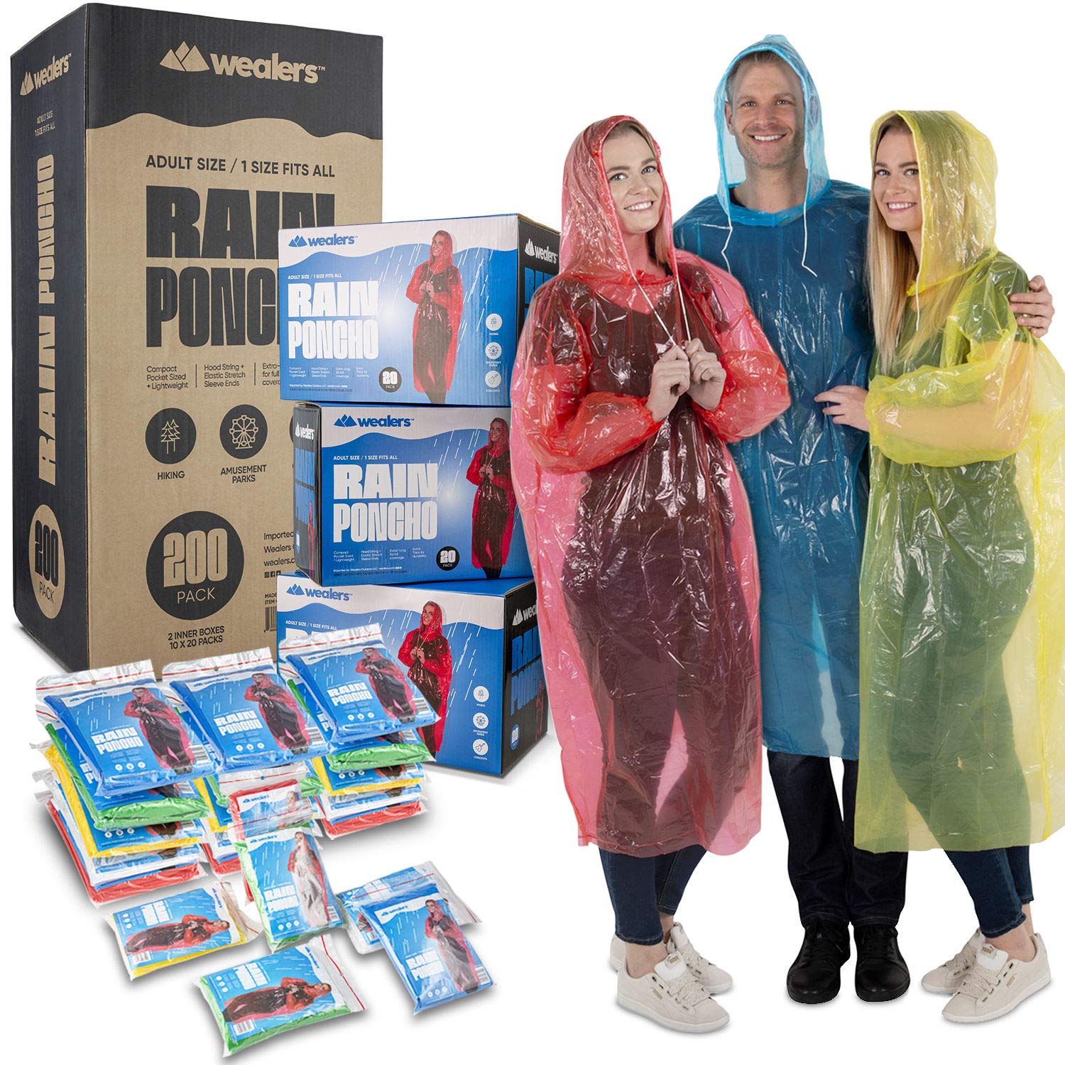 Disposable Rain Ponchos Bulk Pack - Waterproof Emergency Raincoat for Adults with Hood & Drawstrings - Multi Colors for Hiking, Camping, Outdoor Events