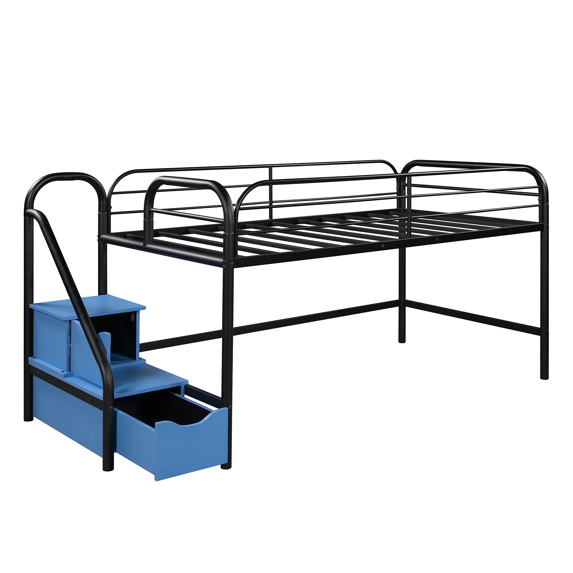 LZ LEISURE ZONE Twin Loft Bed with Storage Steps - Sturdy Metal Low Loft Bunk Bed Frame, No Box Spring Required (Black & Blue) - Perfect for Kids' Rooms, Dorms & Small Spaces