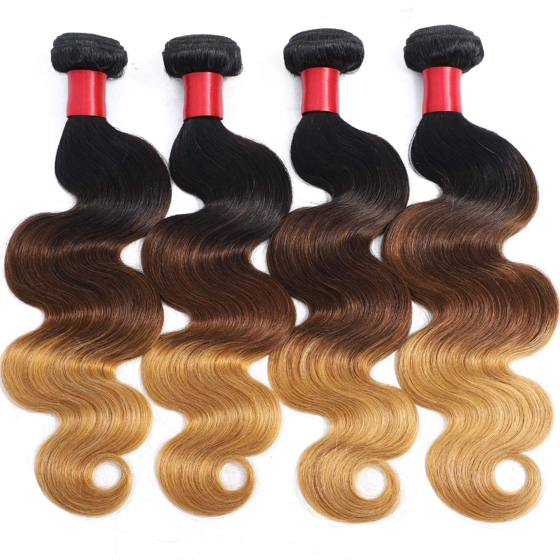 AUTTO 100% Virgin Brazilian Human Hair Weaves Extensions - 3 Bundles Body Wave Ombre 1B/4/27 Honey Brown Hair 14