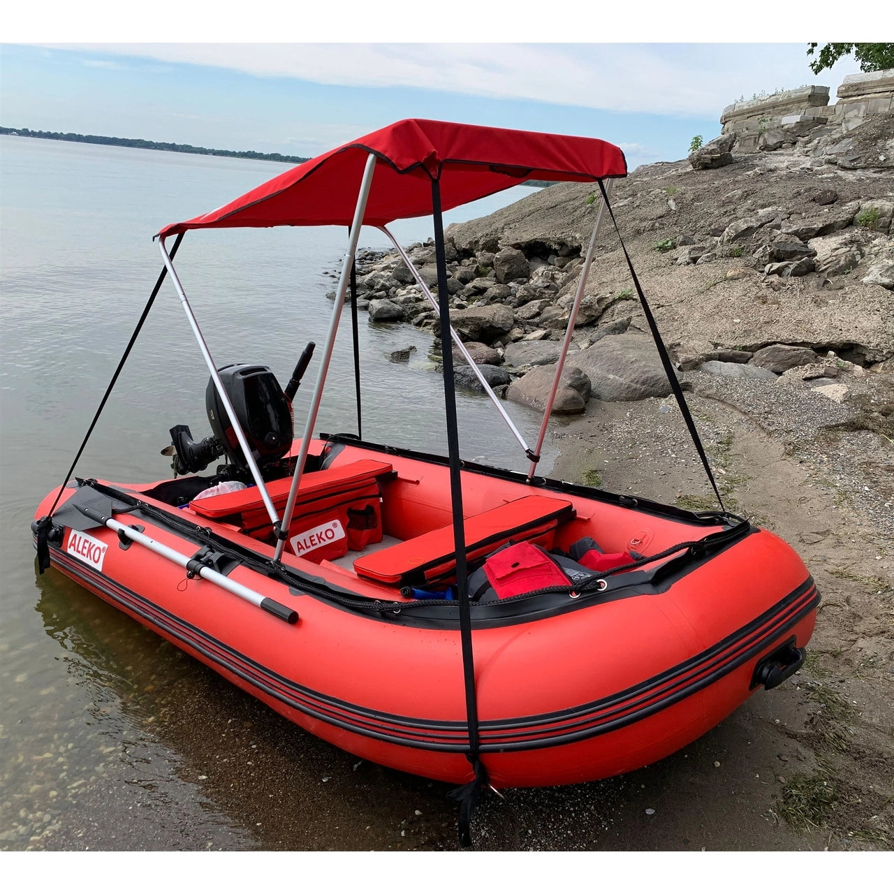 ALEKO 8.5ft Red Boat Canopy Tent for Inflatable Boats - Summer Sun Protection for Fishing, Camping & Water Sports