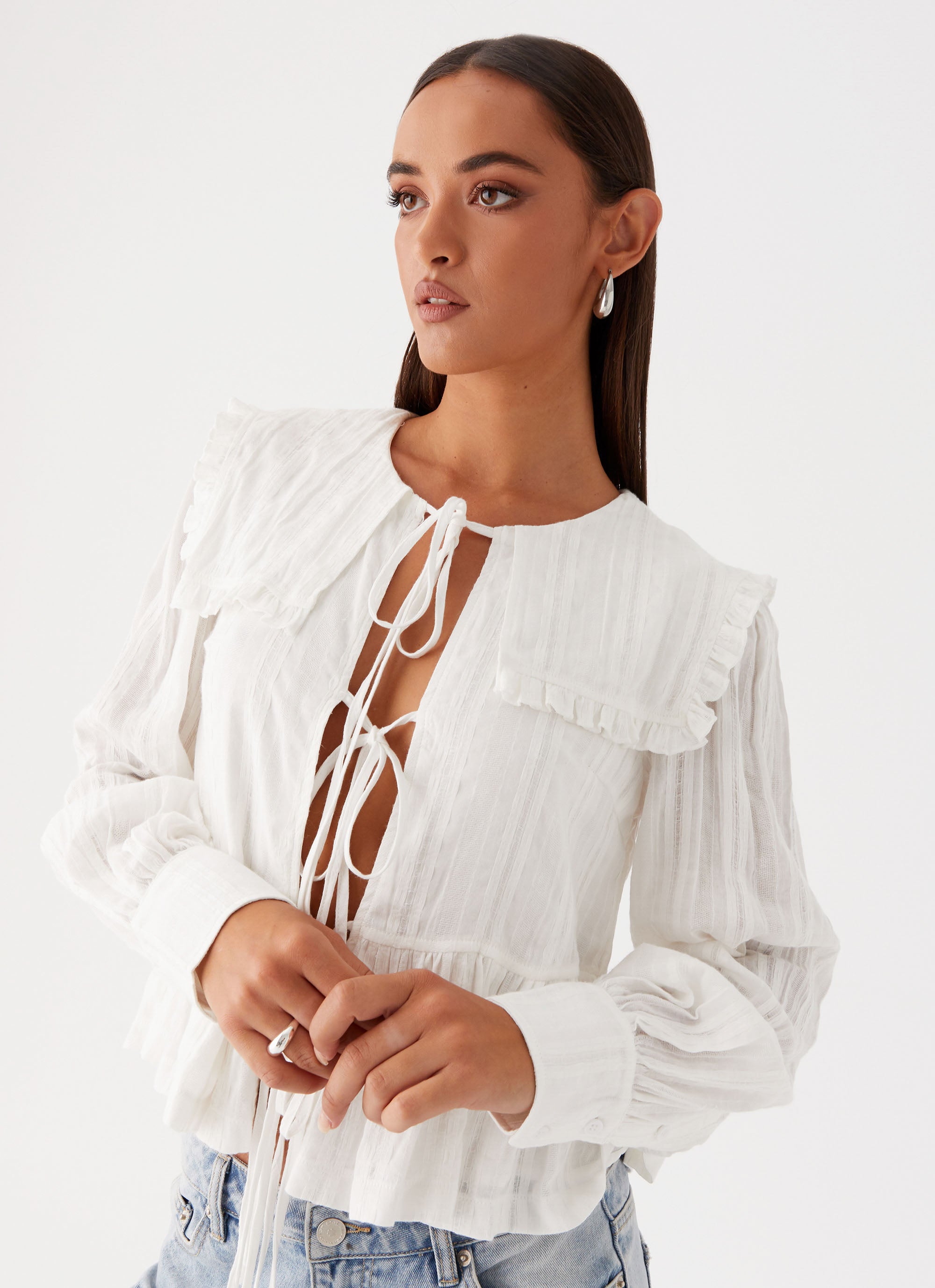 Emerson Women's Tie Front Long Sleeve Blouse - White | Casual Office Wear & Spring Layering Essential
