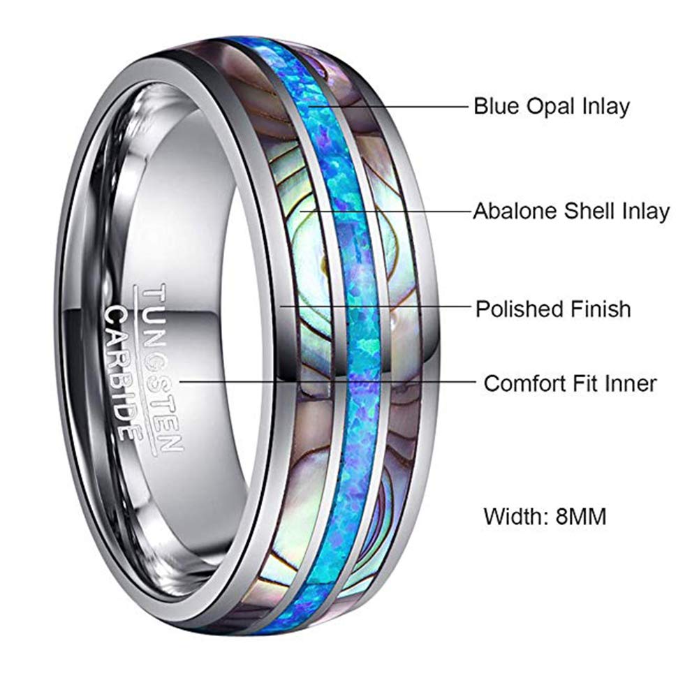 Men's Tungsten Wedding Band - 8mm Comfort Fit Ring with Genuine Blue/Green Opal & Abalone Shell Inlay - Size 7-12 - Perfect for Engagement, Anniversary & Everyday Wear