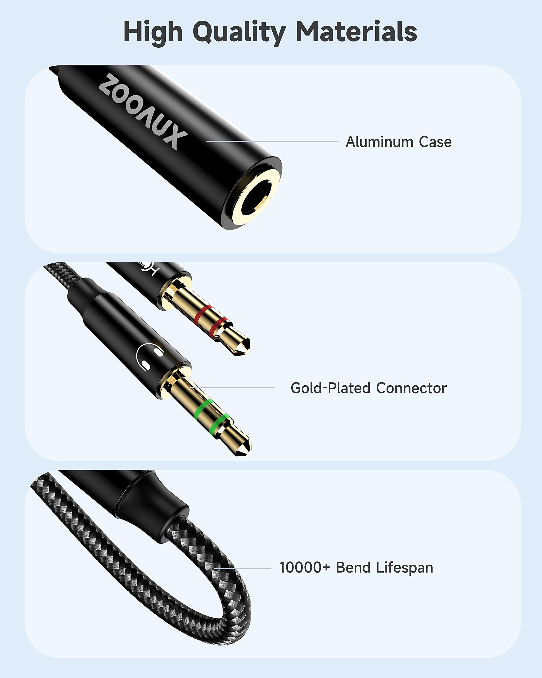ZOOAUX 3.5mm Headphone Mic Stereo Y Splitter - Female to Dual Male Audio Jack Adapter for Gaming Headset, PC, Laptop & Speaker | Perfect for Online Meetings, Gaming & Music Streaming