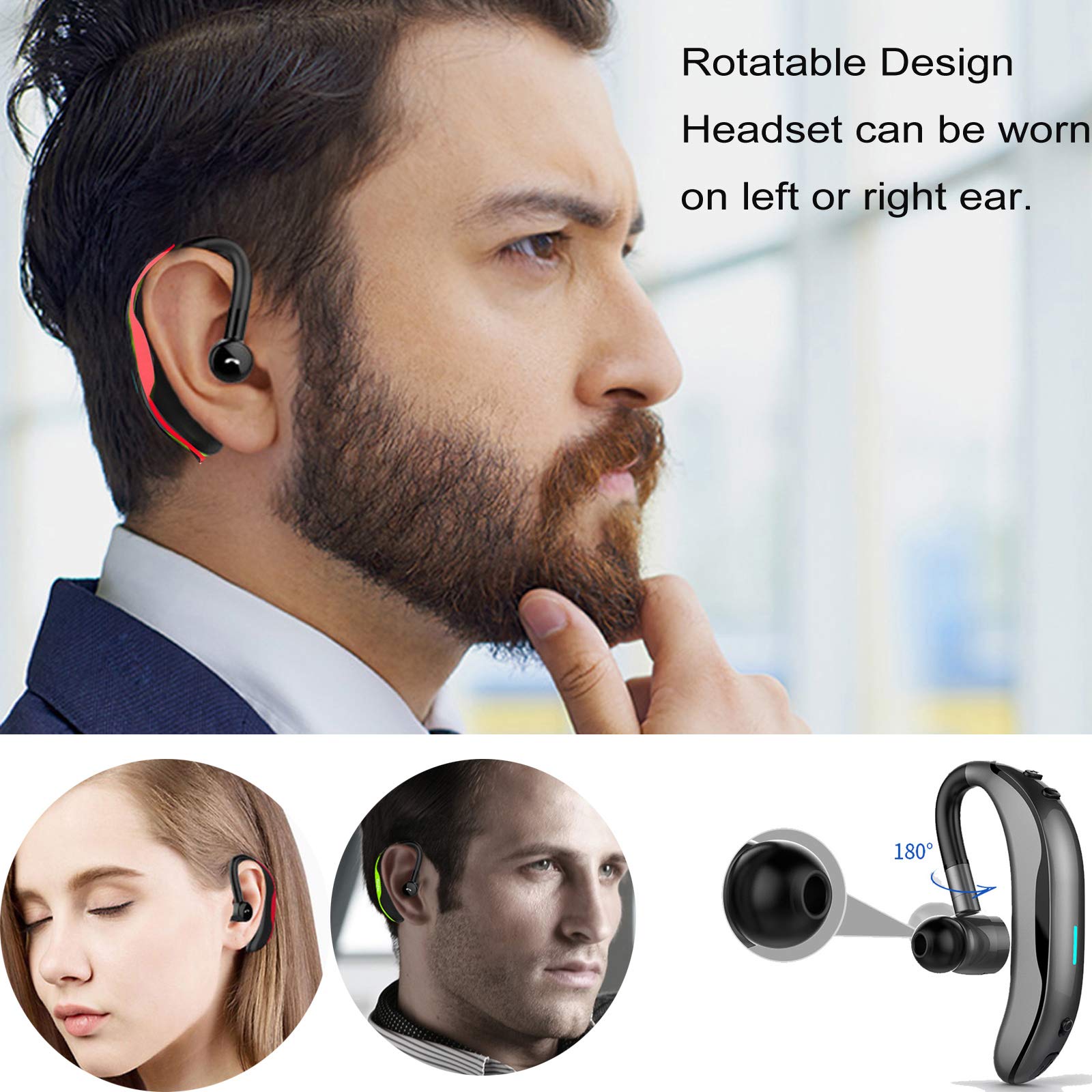 Wireless Bluetooth Earpiece with Noise Cancellation - Hands-Free Headset for Long Talk Time - Compatible with iPhone & Android Phones - Ideal for Car Drivers, Truckers, Business & Office Use (Red)