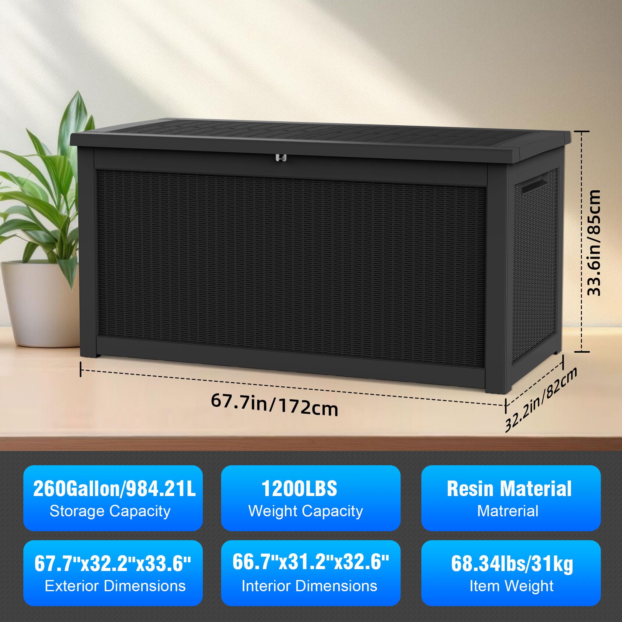 260 Gallon Large Outdoor Storage Deck Box - Waterproof, Lockable Resin Container for Patio Furniture, Garden Tools & Pool Supplies | Perfect for Backyard, Deck & Poolside Organization (Black)