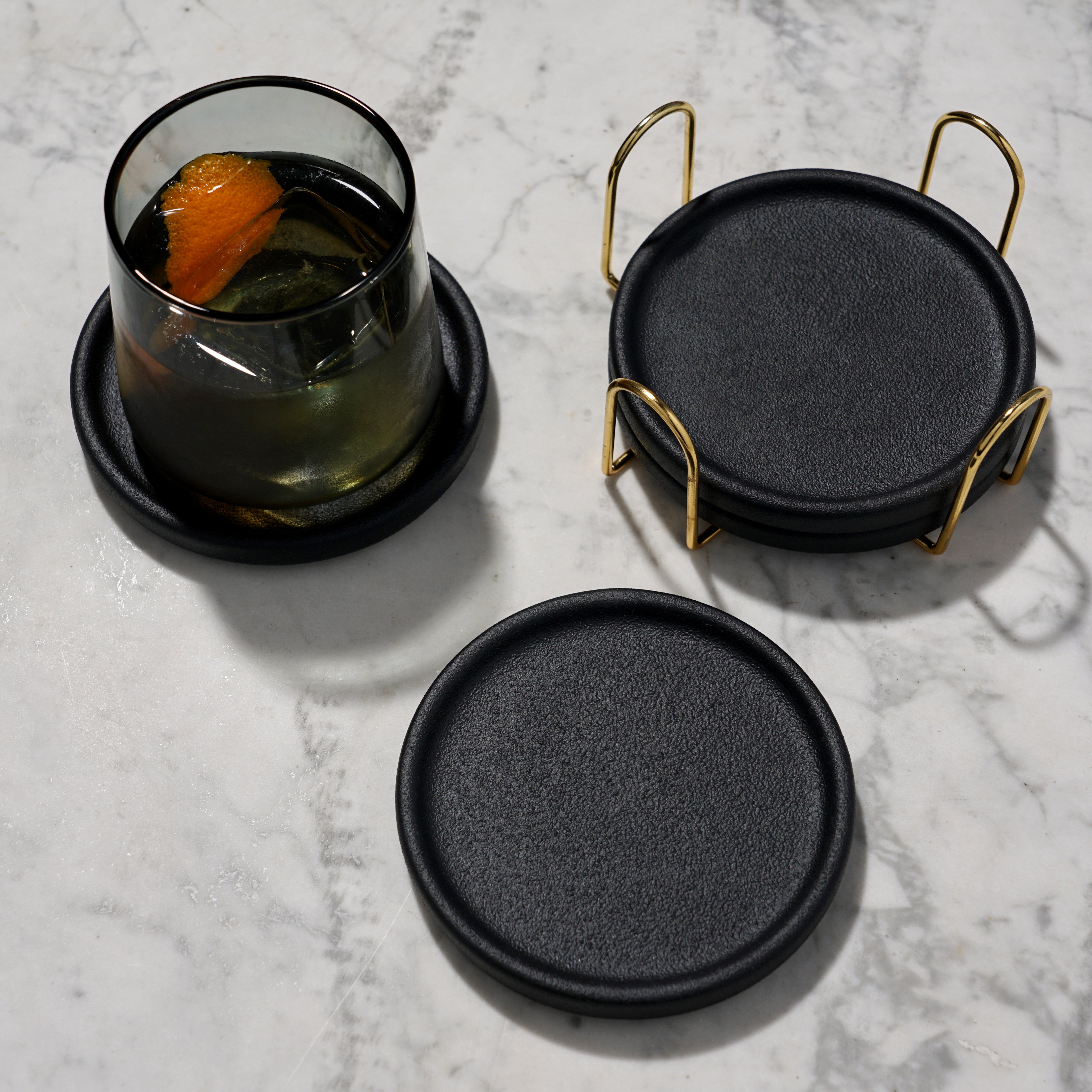 Handmade Ceramic Coasters Set of 4 with Wooden Holder - Absorbent & Durable Drink Coasters for Coffee Table, Bar, Office & Home Decor