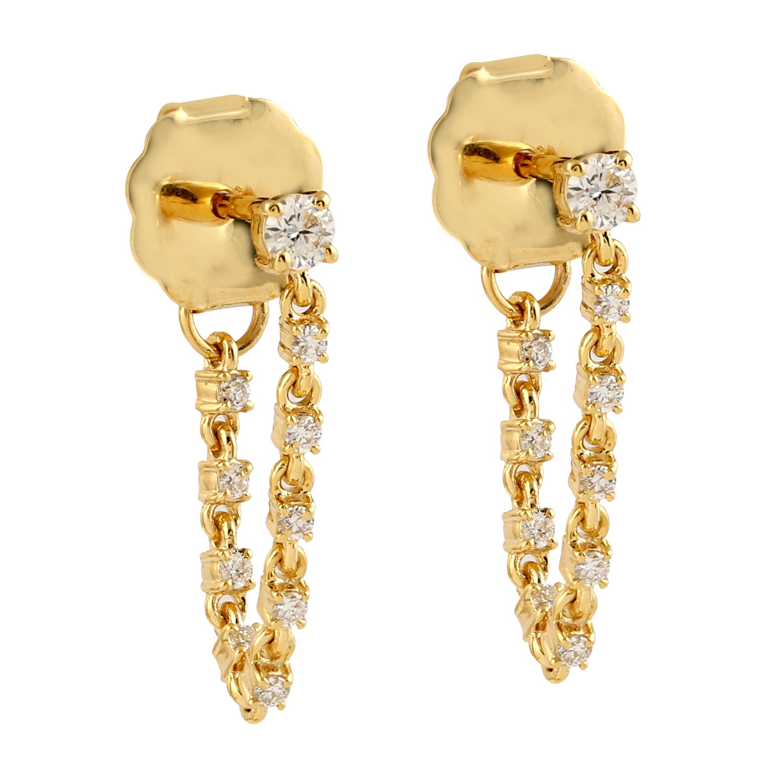 14K Yellow Gold Diamond Prong Chain Ear Thread Earrings for Women - Elegant Designer Jewelry for Parties, Weddings & Special Occasions