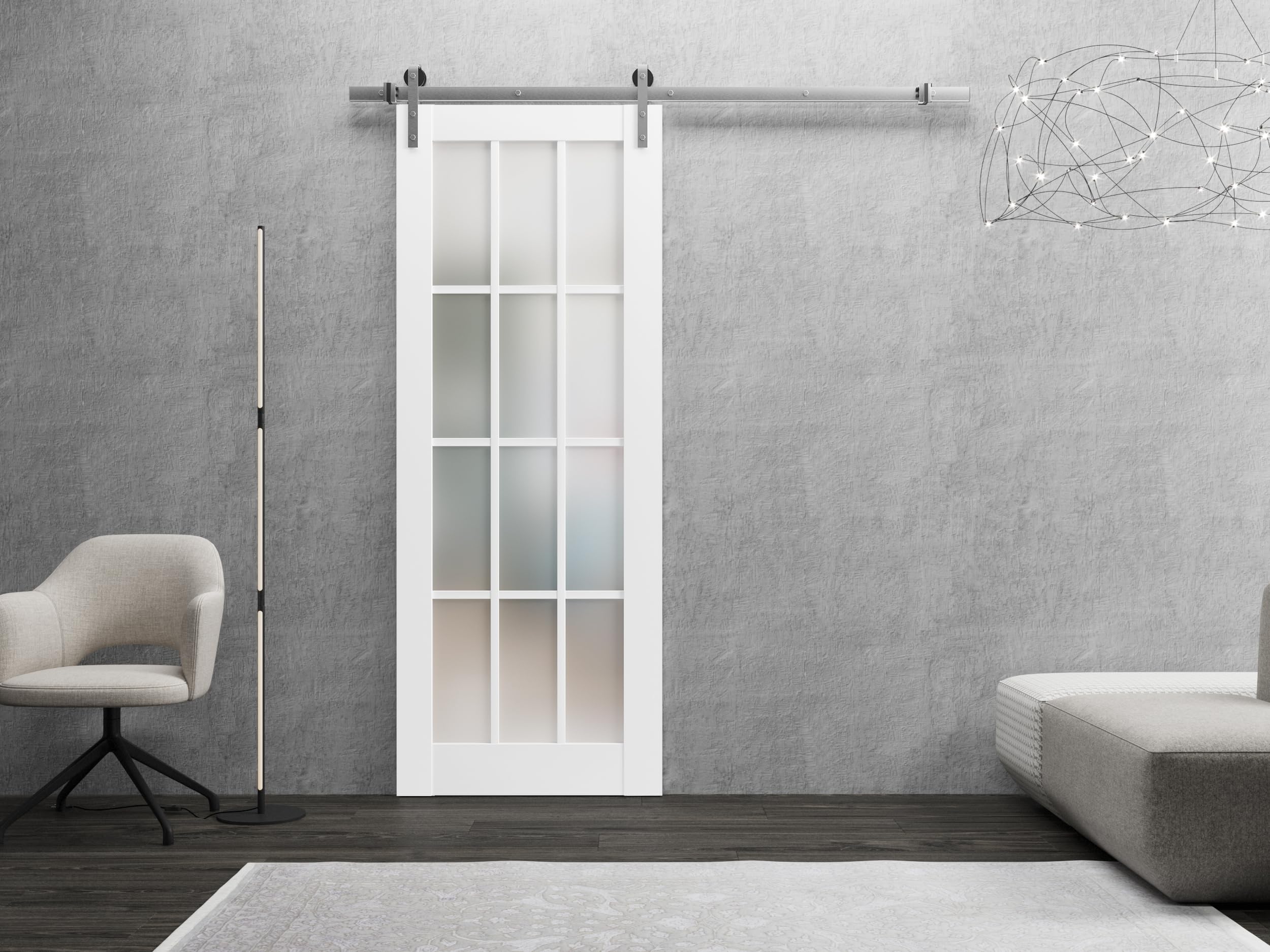 Felicia 3312 Matte White Frosted Glass Barn Door - 18x96 Inches, 12 Lites, Top Mount Stainless Steel 6.6FT Rail with Heavy Duty Hangers | Solid Panel Interior Sliding Door for Bedroom, Closet, or Home Office