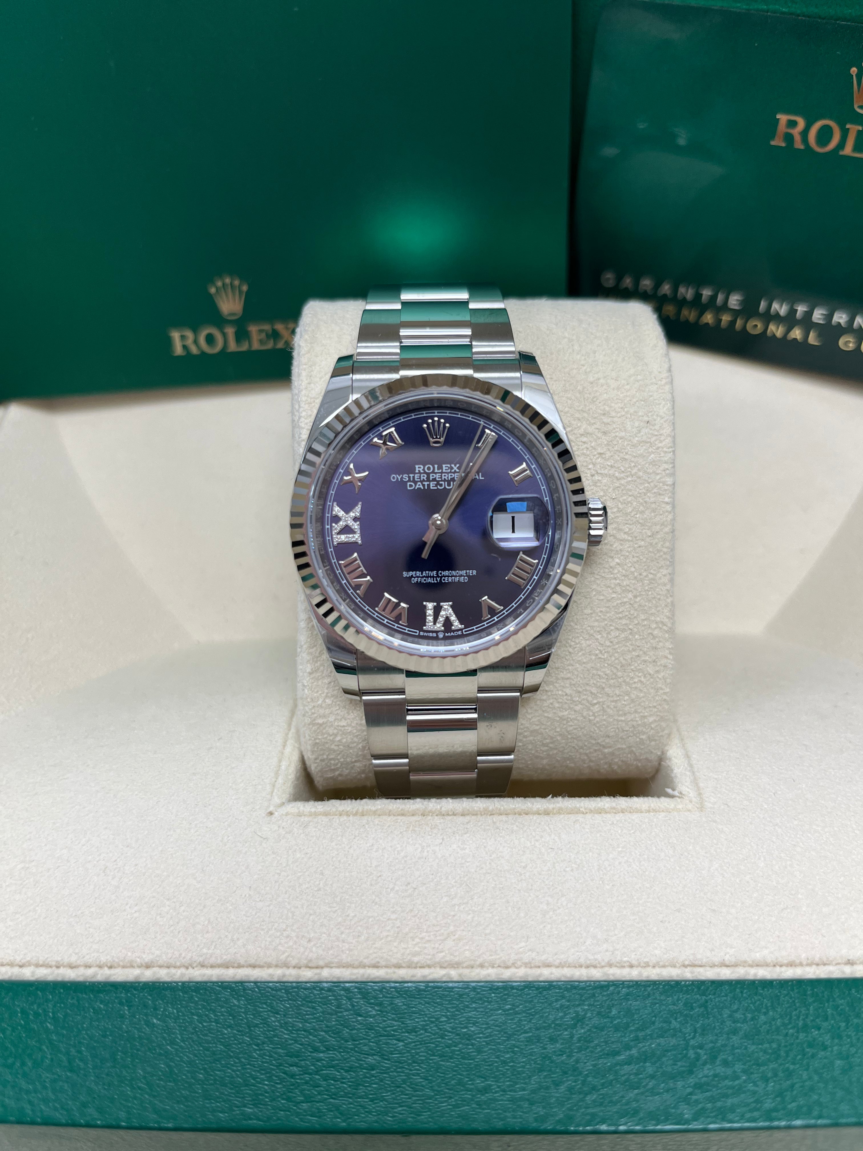 Rolex Datejust 36 Watch - Fluted Bezel, Aubergine Purple Dial with Diamond Roman VI & IX Markers, Oyster Bracelet (Ref# 126234) | Luxury Timepiece for Men & Women, Perfect for Business, Formal Events & Special Occasions
