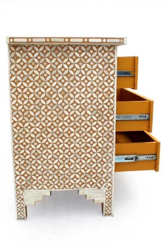Handmade Bone Inlay 7-Drawer Chest in Chocolate Brown - Vintage Boho Bedroom & Living Room Storage Furniture