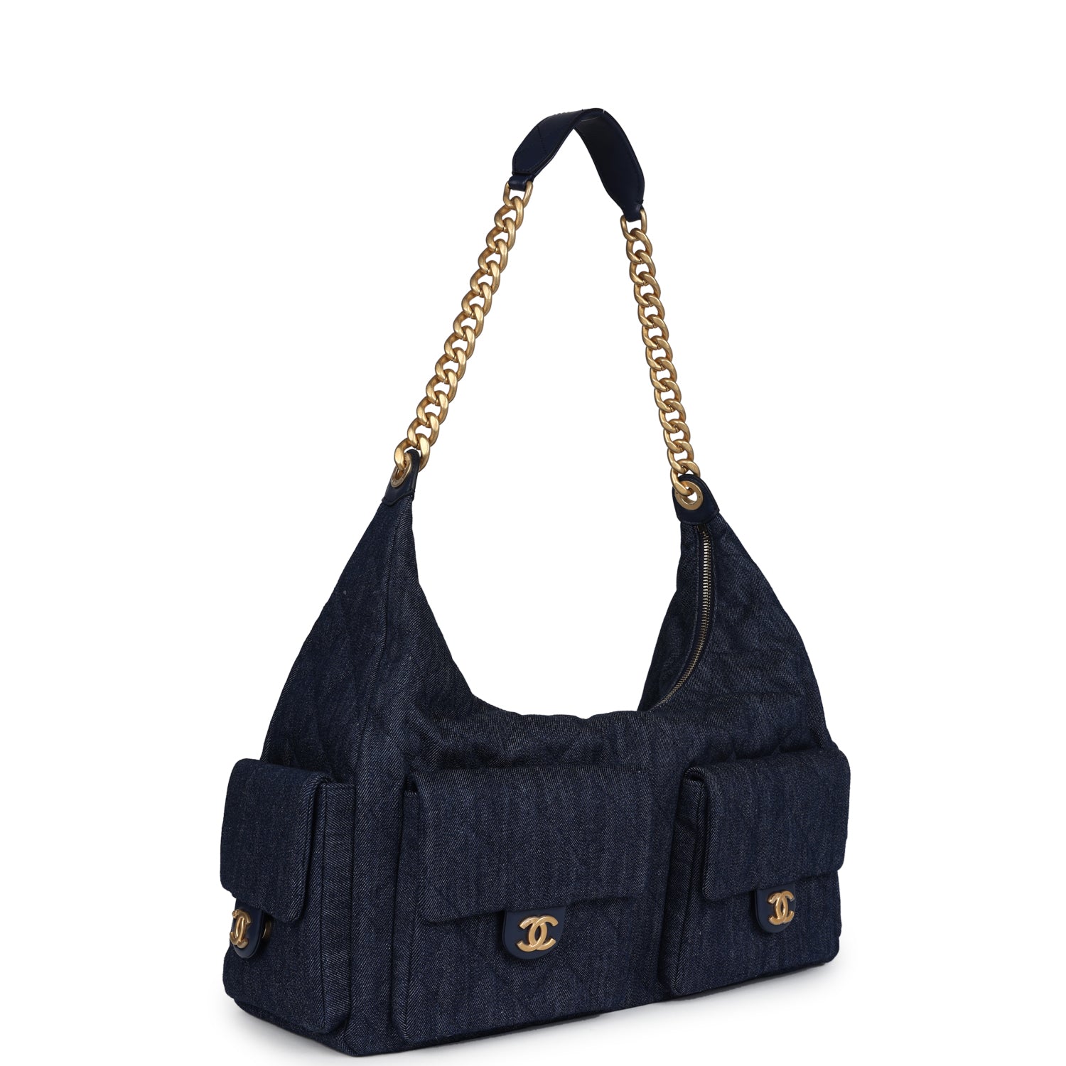 Chanel Maxi Cargo Hobo Bag in Dark Blue Washed Denim with Brushed Gold Hardware - Luxury Shoulder Bag for Women, Perfect for Travel, Shopping & Everyday Use