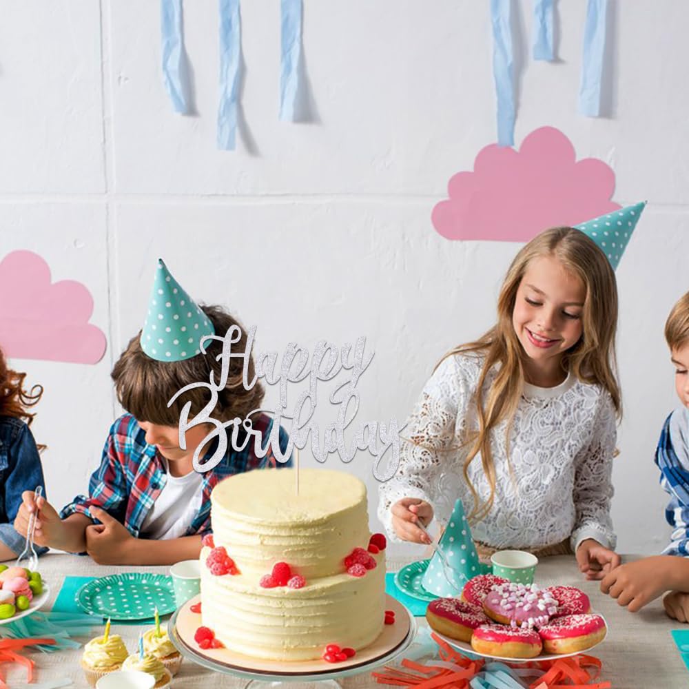 Handmade Glitter Happy Birthday Cake Topper - Silver Cake Bunting Decor for Birthday Party Supplies | Perfect for Wedding, Baby Shower & Anniversary Celebrations