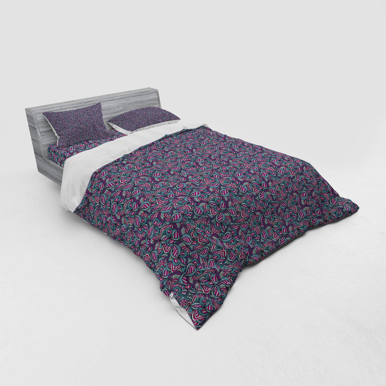 Ambesonne Bohemian Abstract Duvet Cover Set - Queen Size 4 Piece Bedding with Hand Drawn Wavy Lines in Fuchsia Slate Blue Cream | Modern Bedroom Decor for Guest Rooms & Master Suites