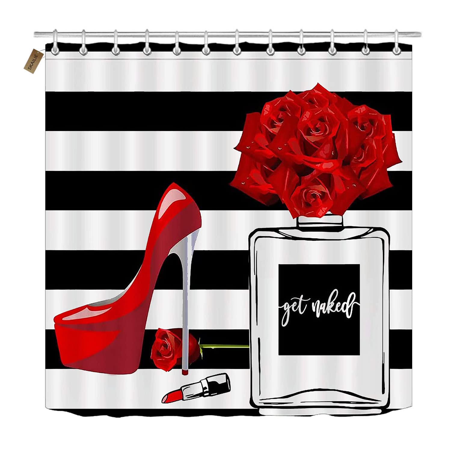 4PCS Fashion Shower Curtain Set - Red High Heels, Lipstick & Perfume Print, Black & White Striped Modern Bathroom Decor with Non-Slip Mat | Valentine's Day Gift, Romantic Women's Bathroom Accessories for Home Decor
