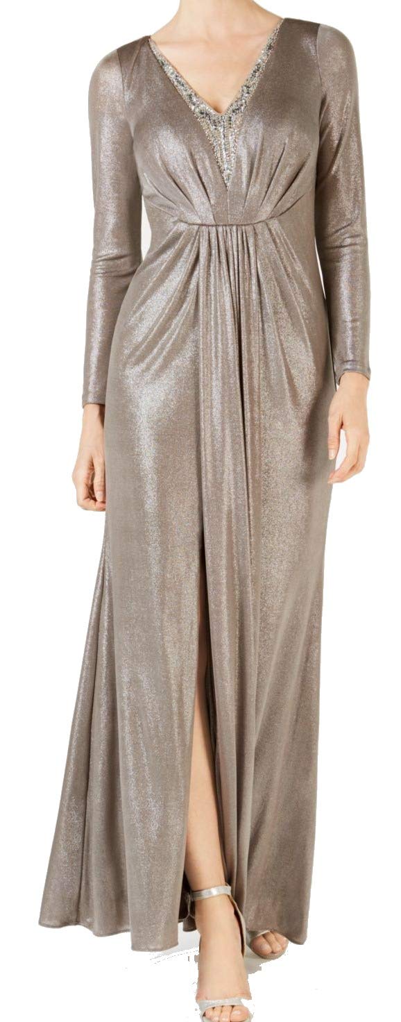 Adrianna Papell Women's Petite Beaded Neckline Long Sleeve Jersey Dress for Evening Parties, Weddings & Special Occasions