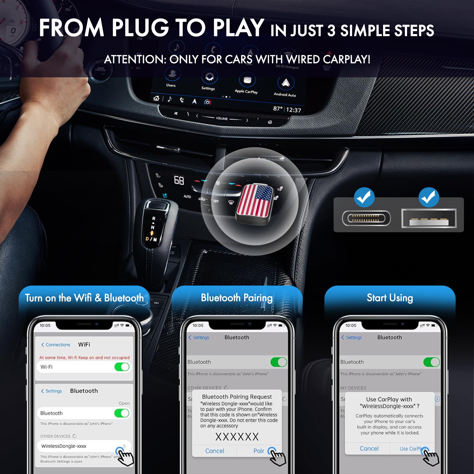 Wireless CarPlay Adapter for iPhone & Android - Fast & Stable Bluetooth Connection, Plug & Play CarPlay Dongle, Seamless Smartphone-to-Car Integration - Perfect for Commuting, Road Trips & Hands-Free Driving