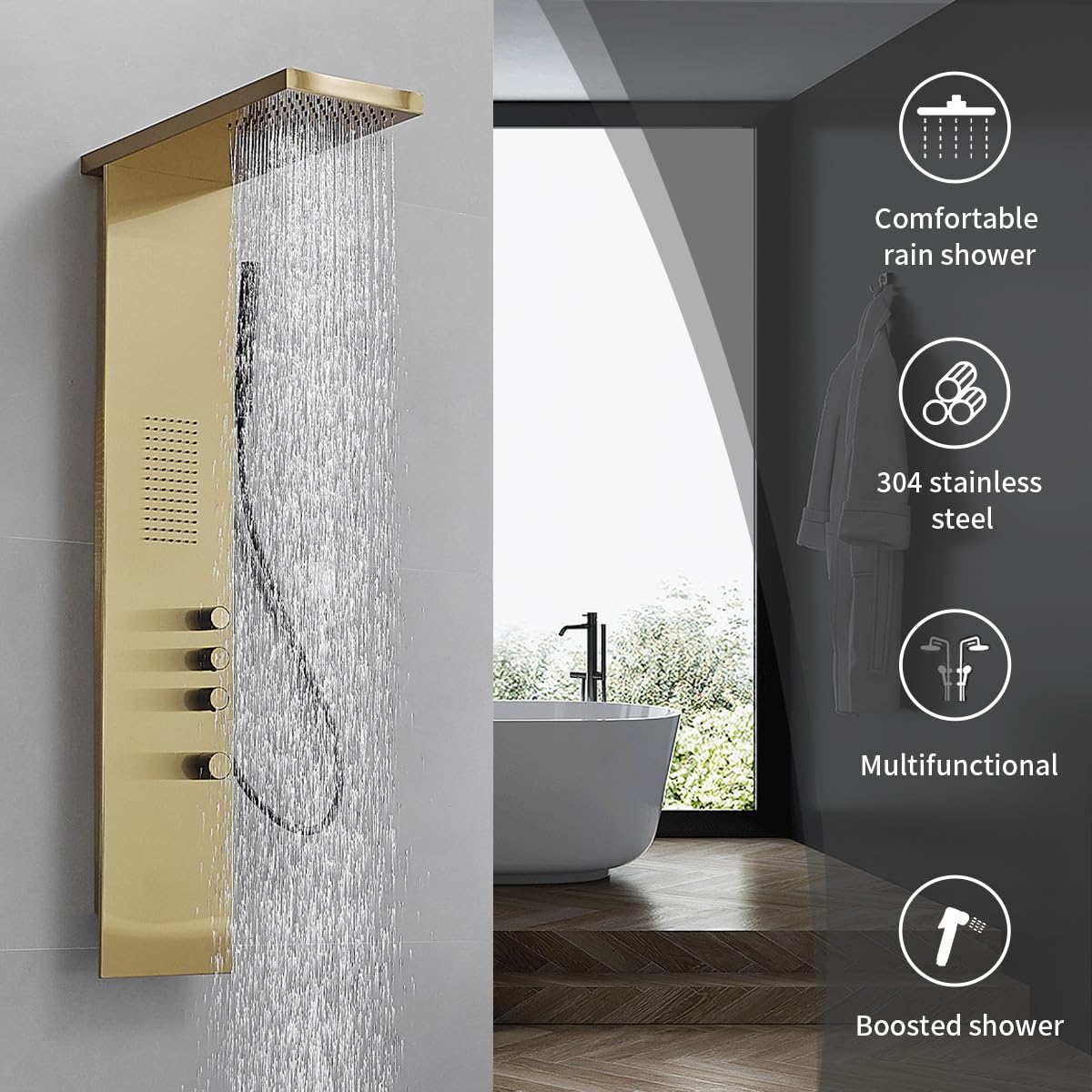 Brushed Gold Shower Tower Panel System with Body Jet Massage & Rainfall Hand Shower - High Pressure Bathroom Fixture for Spa-Like Experience | Perfect for Master Bathrooms & Luxury Home Renovations