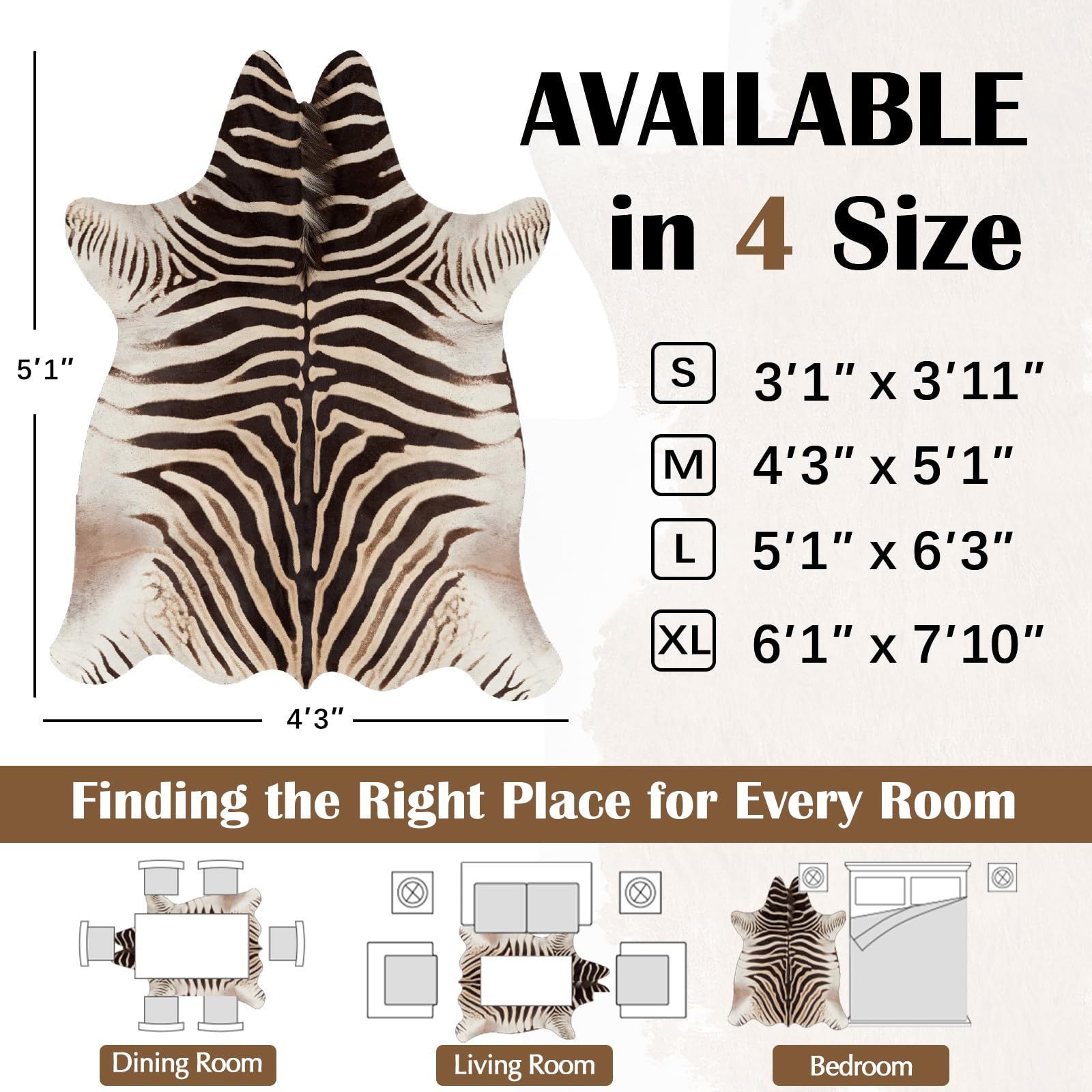 Zebra Print Area Rug - Faux Cowhide Animal Design Mat, Soft Faux Suede Indoor Floor Covering for Bedroom & Living Room, 4x5 ft Safari Style Rug - Perfect for Boho Chic Decor, Kids Room & Home Office