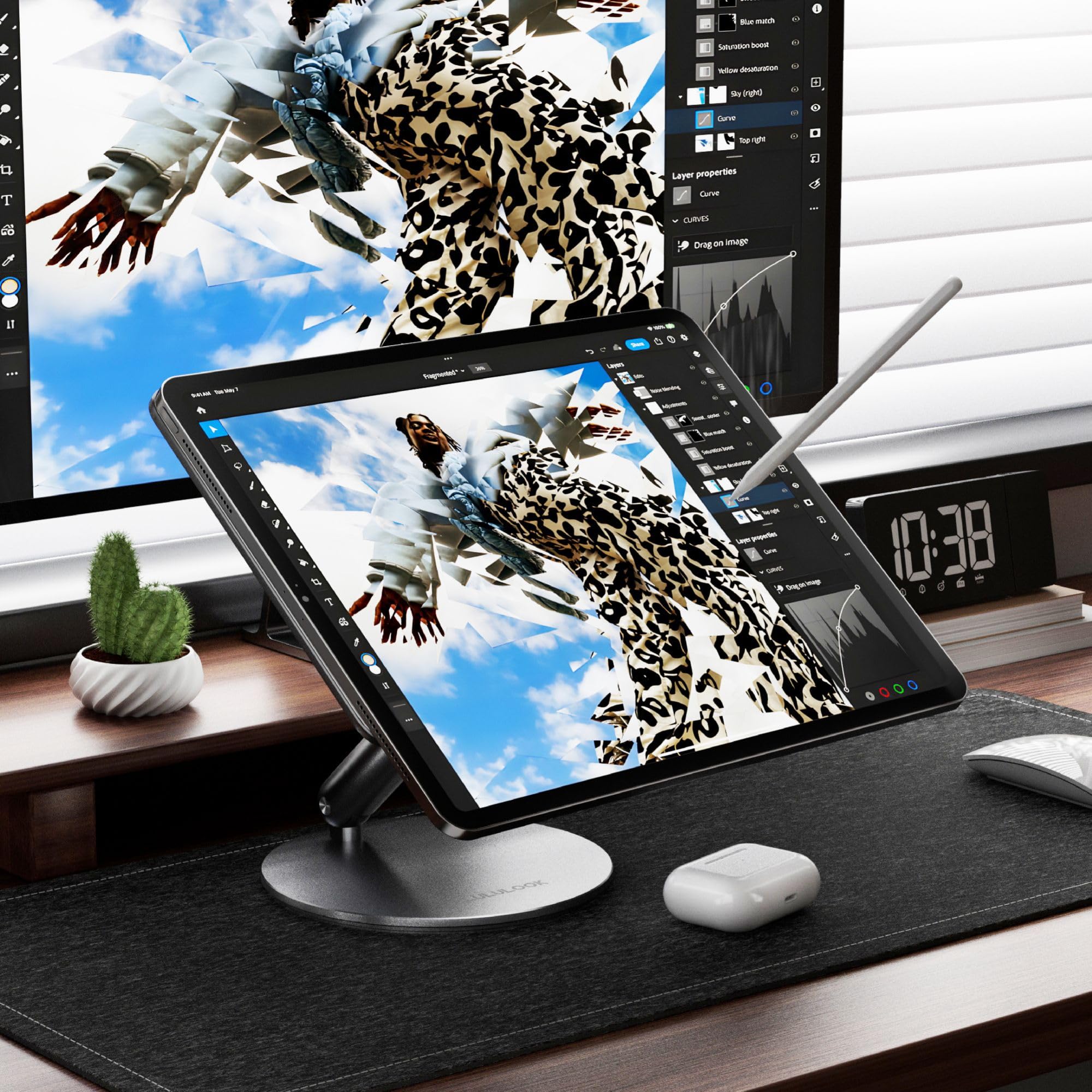 LULULOOK 360° Adjustable Magnetic Wireless Charging Stand for iPad Pro 11-inch M4 (2024) - Aluminum Alloy Foldable Tablet Stand with USB-C Cable - Perfect for Home Office, Bedside & Travel Use