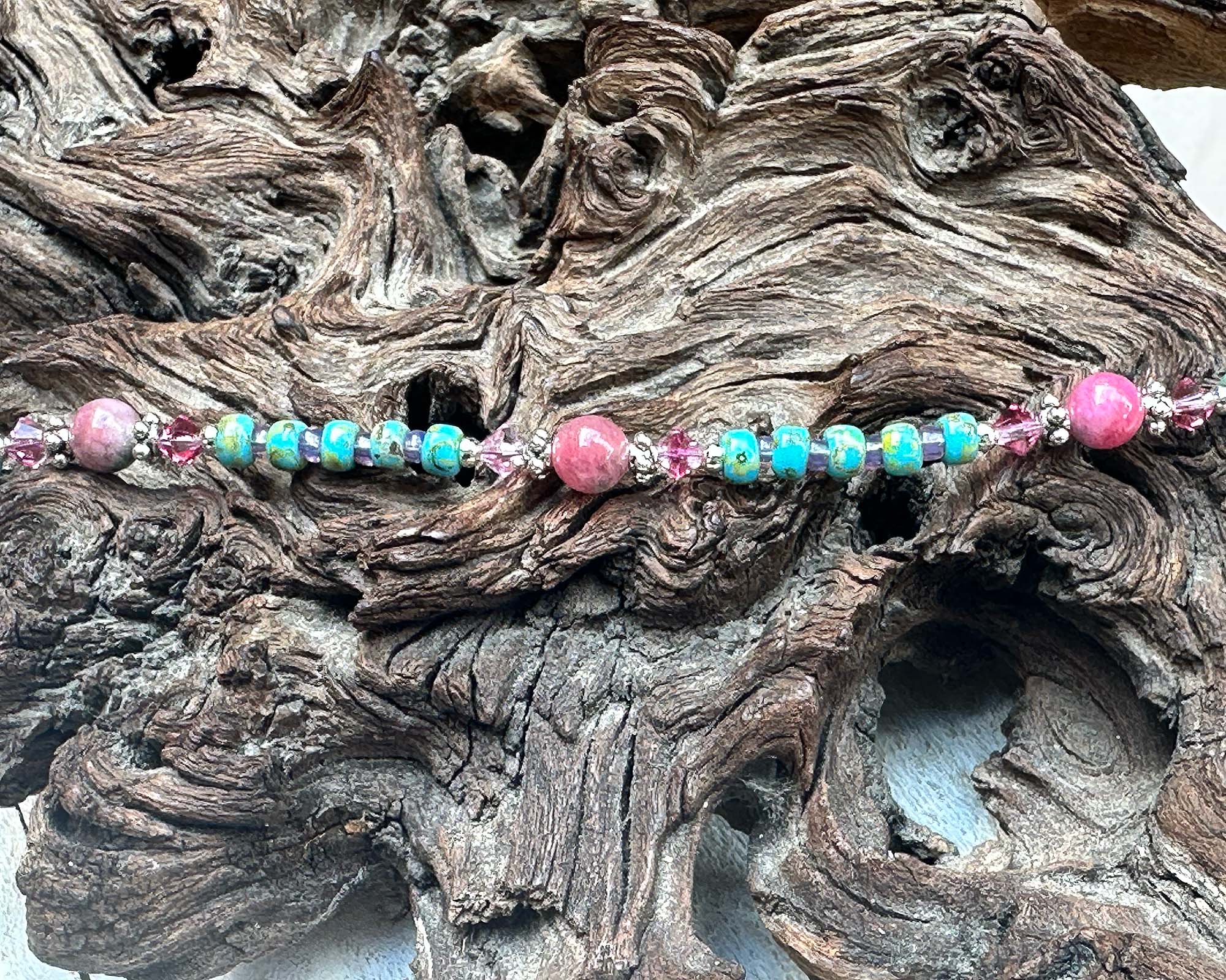 10 Turquoise Pink Rhodonite Gemstone Beaded Anklet - Handmade Boho Chic Adjustable Ankle Bracelet for Women, Yoga, Beach & Festival Fashion Accessory