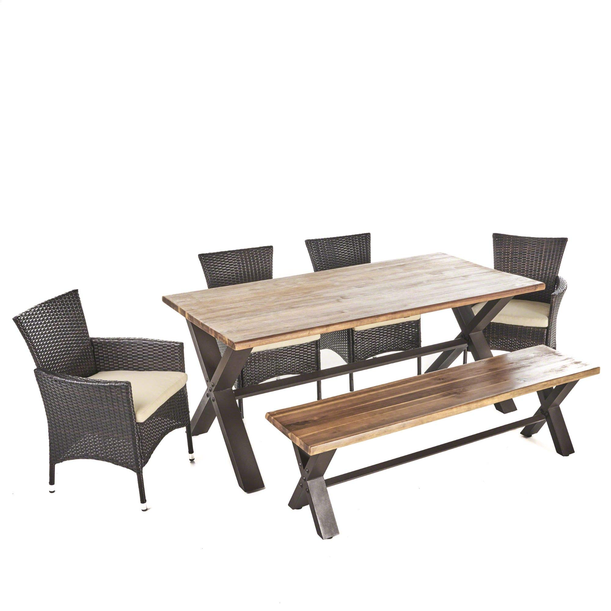 6-Piece Rustic Brown Wood Patio Dining Set with Beige Cushions - Outdoor Furniture for Backyard, Garden & Poolside Entertaining