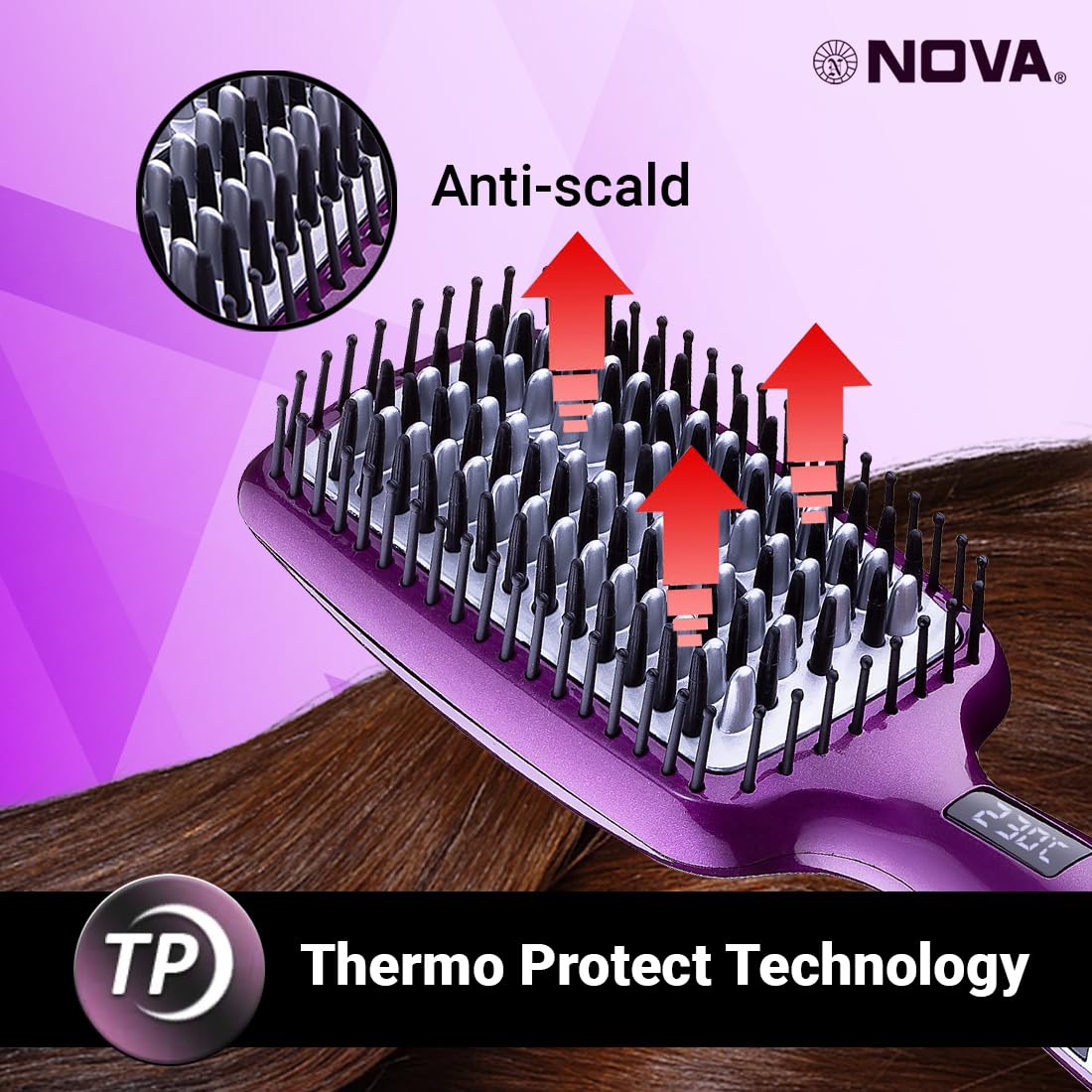 NOVA NHS 907 Professional Hair Straightener & Styling Brush - Purple | 2-in-1 Flat Iron & Volumizing Brush for Smooth, Frizz-Free Hair | Perfect for Home Use, Travel & Salon Styling