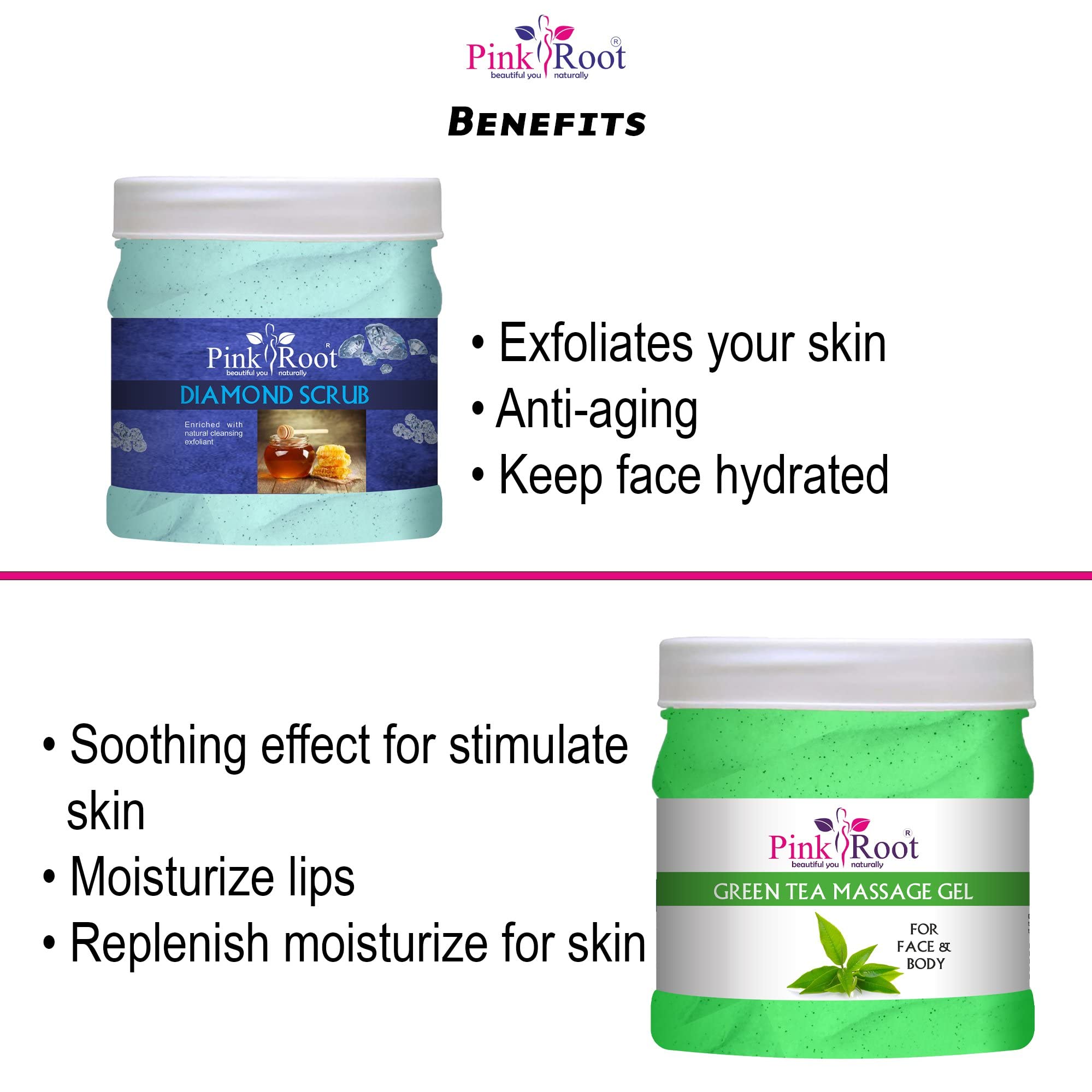 Pink Root Green Tea Massage Gel & Diamond Scrub Set - 500ml Each | Hydrating & Exfoliating Skincare Duo for Body & Face | Spa Day & At-Home Self Care