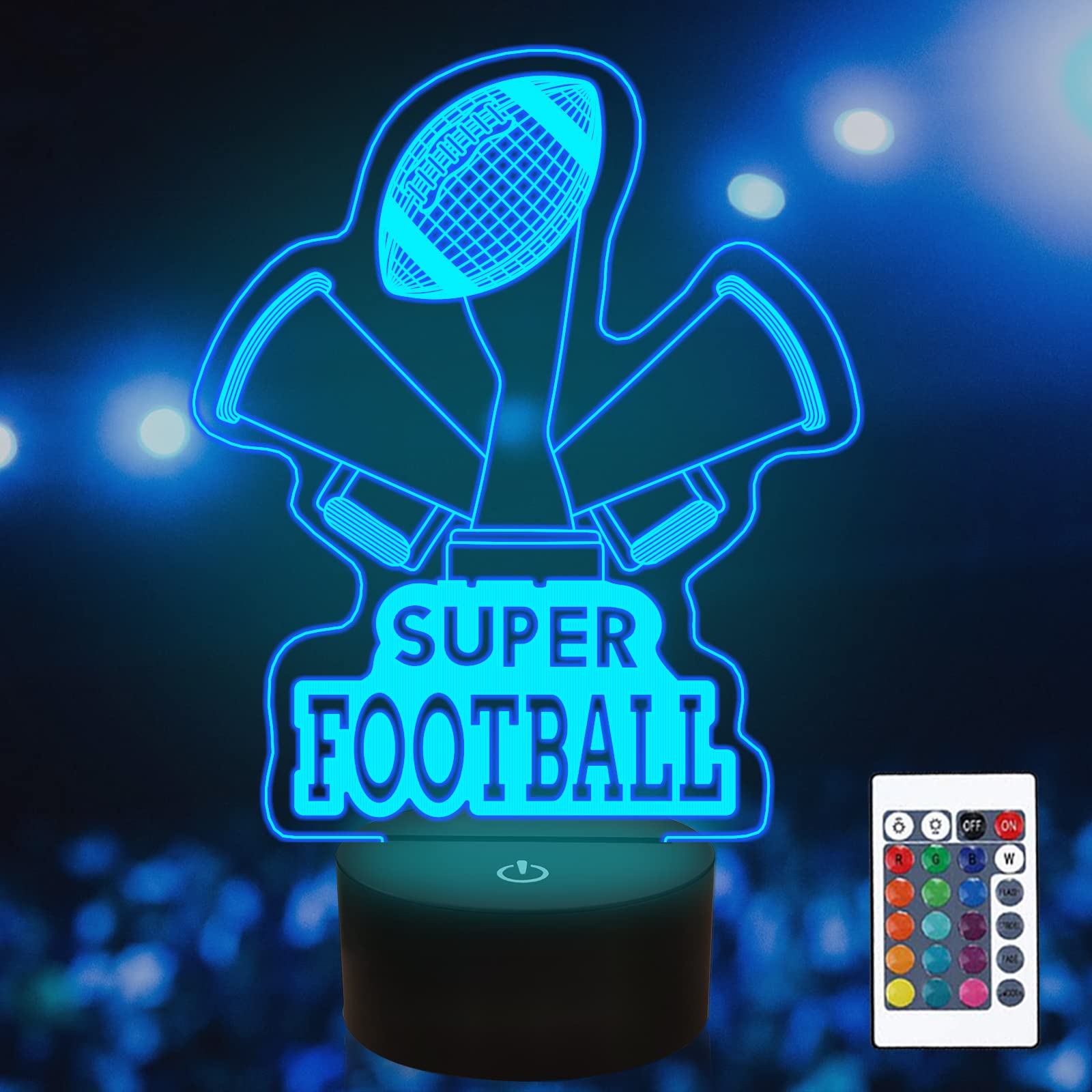 Attivolife 3D LED Hologram Night Light - American Football & Rugby Table Lamp with 16 Color Changing Modes, Remote Control - Perfect Bedroom Decor, Birthday & Christmas Gift for Sports Fan Boys & Girls - Ideal for Kids' Rooms, Game Nights, and Sports-Themed Parties