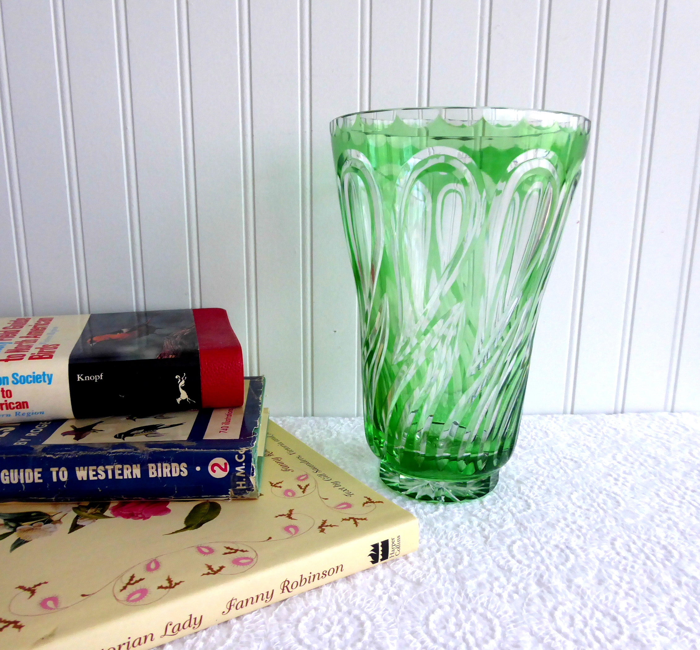 Vintage 1980s Czechoslovakia Large Green and Clear Glass Swirl Pattern Vase - Bohemian Home Decor, Perfect for Floral Arrangements & Table Centerpieces
