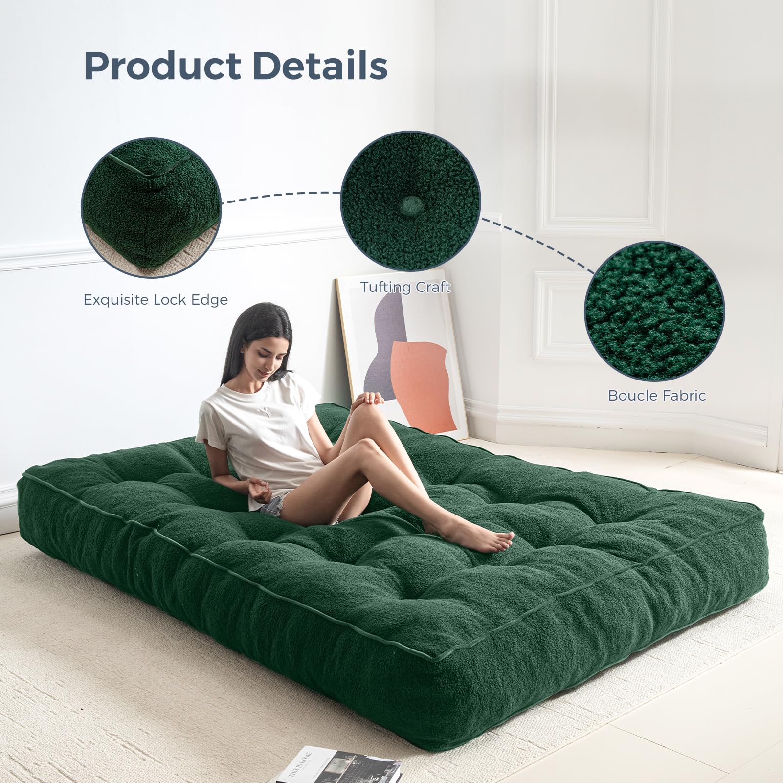 MAXYOYO 8 Inch Tufted Futon Sofa Bed with Thick Boucle Fabric - Convertible Floor Mattress for Adults (Mattress Only, Green) - Perfect for Small Spaces, Guest Rooms & Dormitory Use