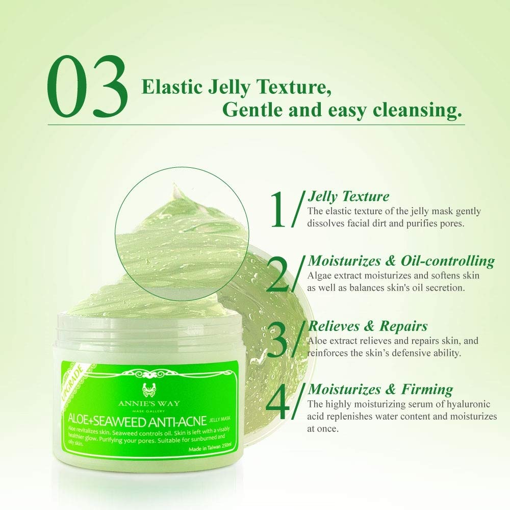 ANNIE'S WAY Upgraded Aloe Seaweed Anti-Acne Jelly Mask 8oz - Soothing Face Mask for Oily & Acne-Prone Skin, Deep Cleansing & Hydrating Treatment for Daily Skincare Routine
