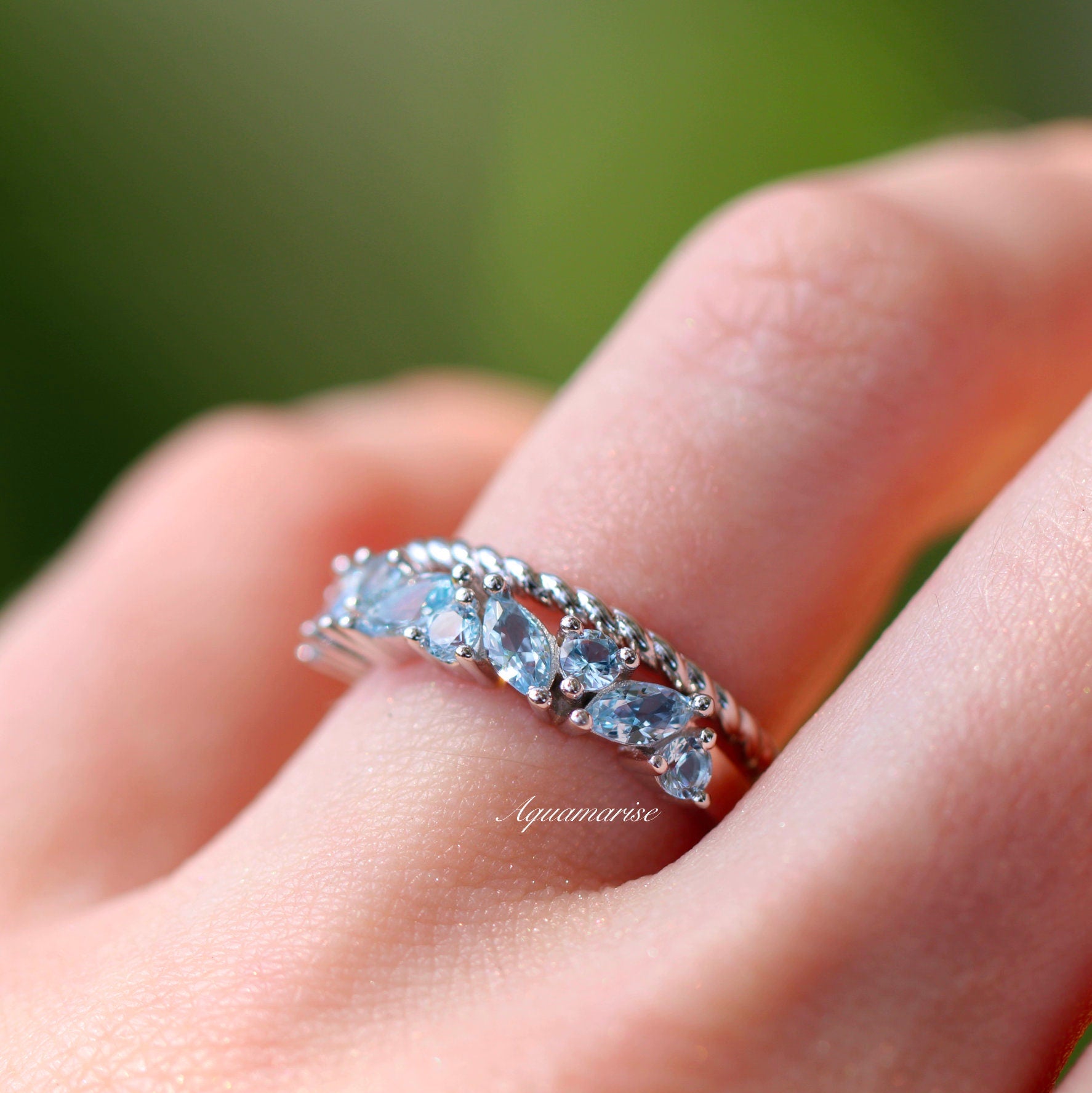Willow Aquamarine Ring Set - Sterling Silver Jewelry for Women, Elegant Birthstone Gift for March, Perfect for Weddings, Anniversaries & Everyday Wear